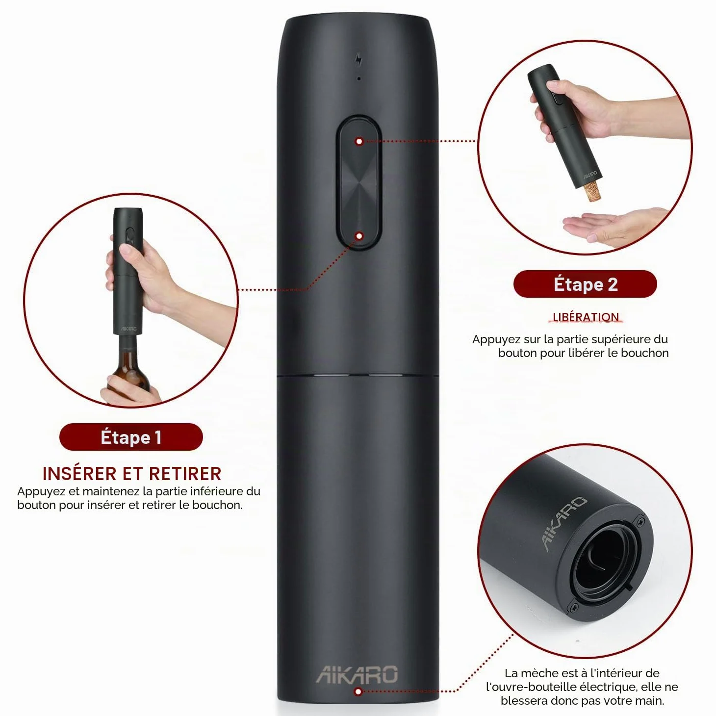 AIKARO - Tire-bouchon Électrique, Ouvre-bouteilles de Vin Automatique, Rechargeable (Set C)