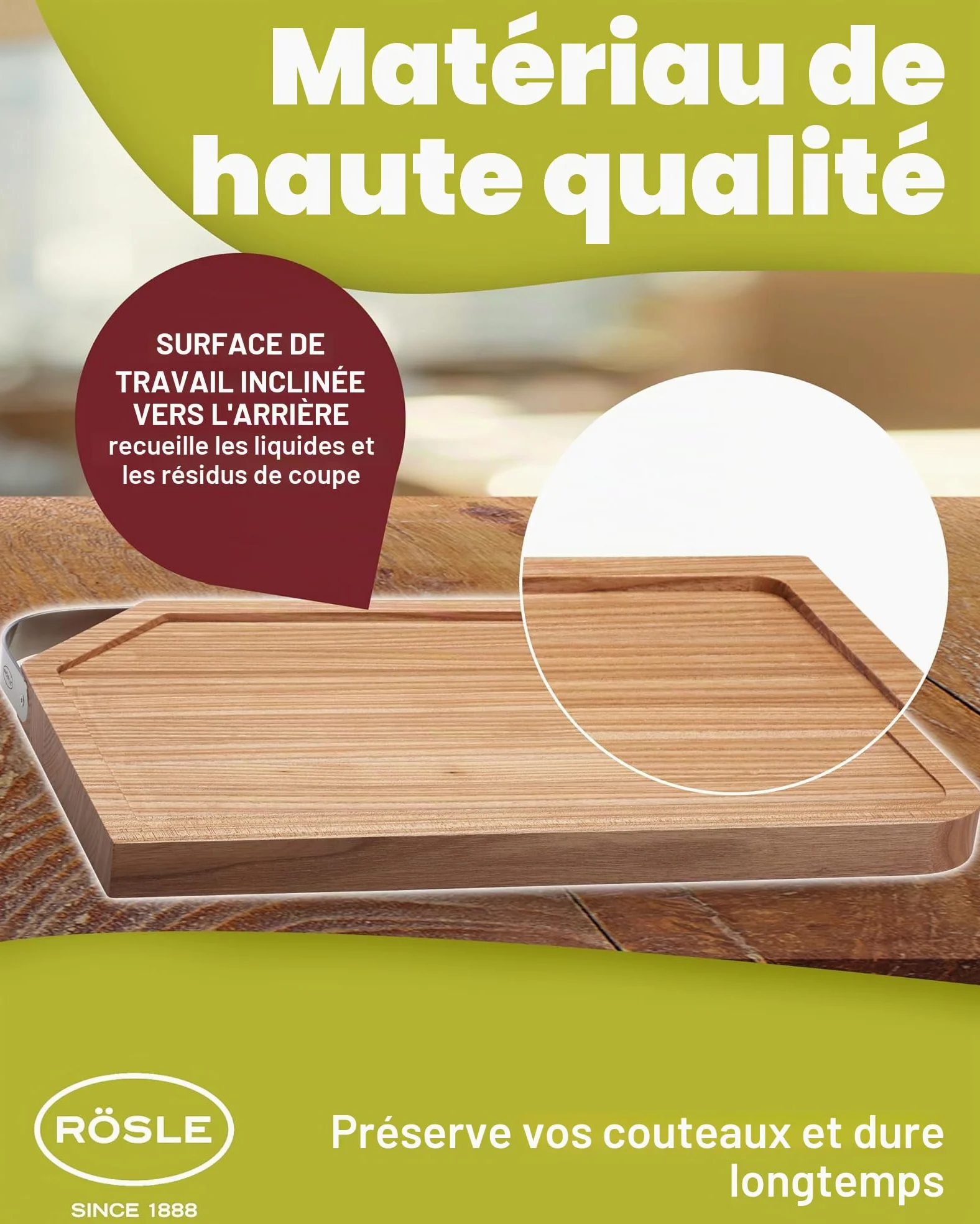 RÖSLE Planche à découper, support de découpe de haute qualité pour la cuisine pour une utilisation universelle, planche à servir, bois d'orme, acier inoxydable 18/10, 36 x 24 cm