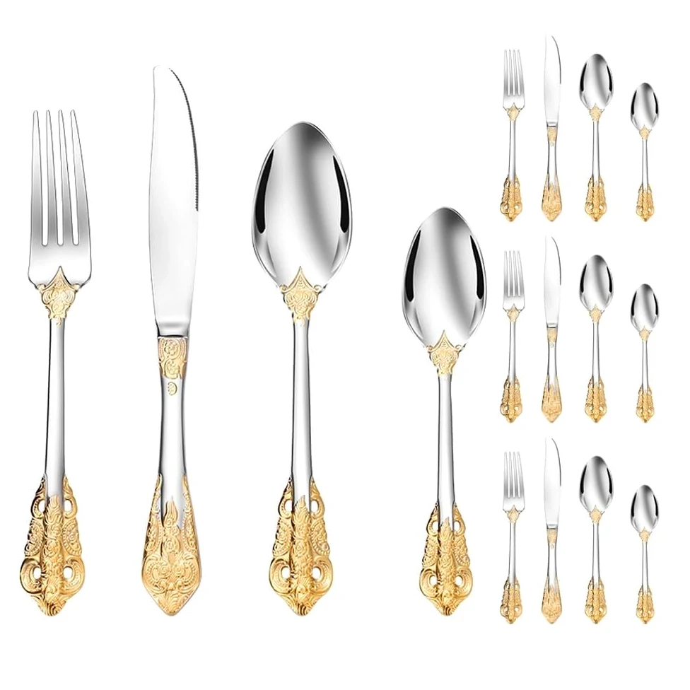 Vintage en Relief Ou Fleur Cuisine en Acier Inoxydable Argenterie Vaisselle Couverts Ensemble De Couverts Couteau À Steak Fourchette Cuillère Cuillère À (Or, Argent,16 pièces)