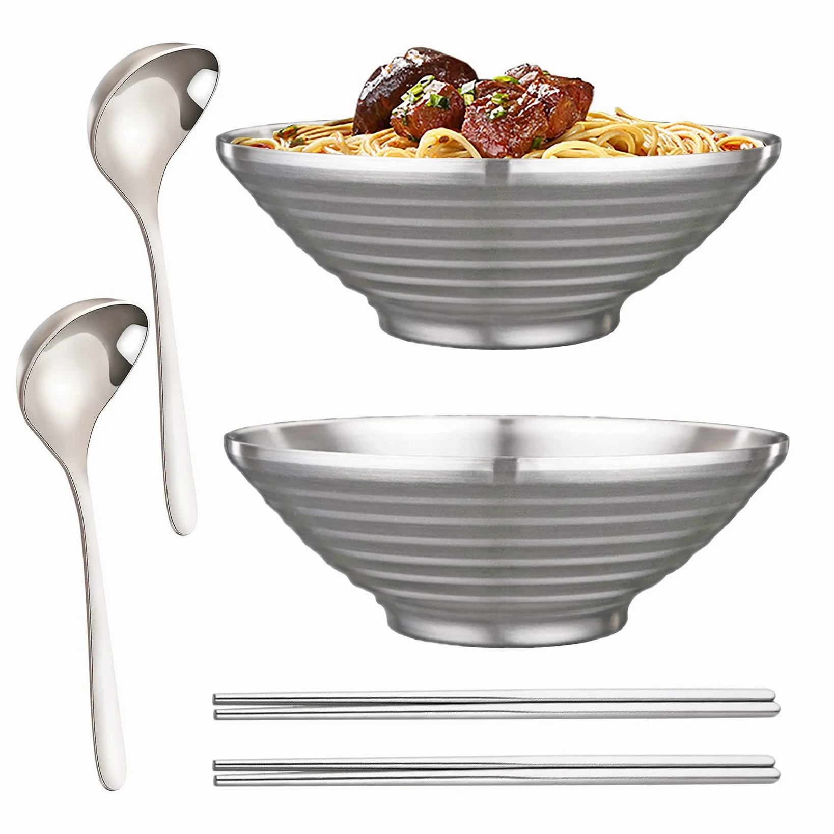 Lot de 2 grands bols japonais de 24cm x 8.5cm, avec cuillères et baguettes assorties, bol à ramen en acier inoxydable 18/10, grands bols à soupe asiatique, bol Udon épais