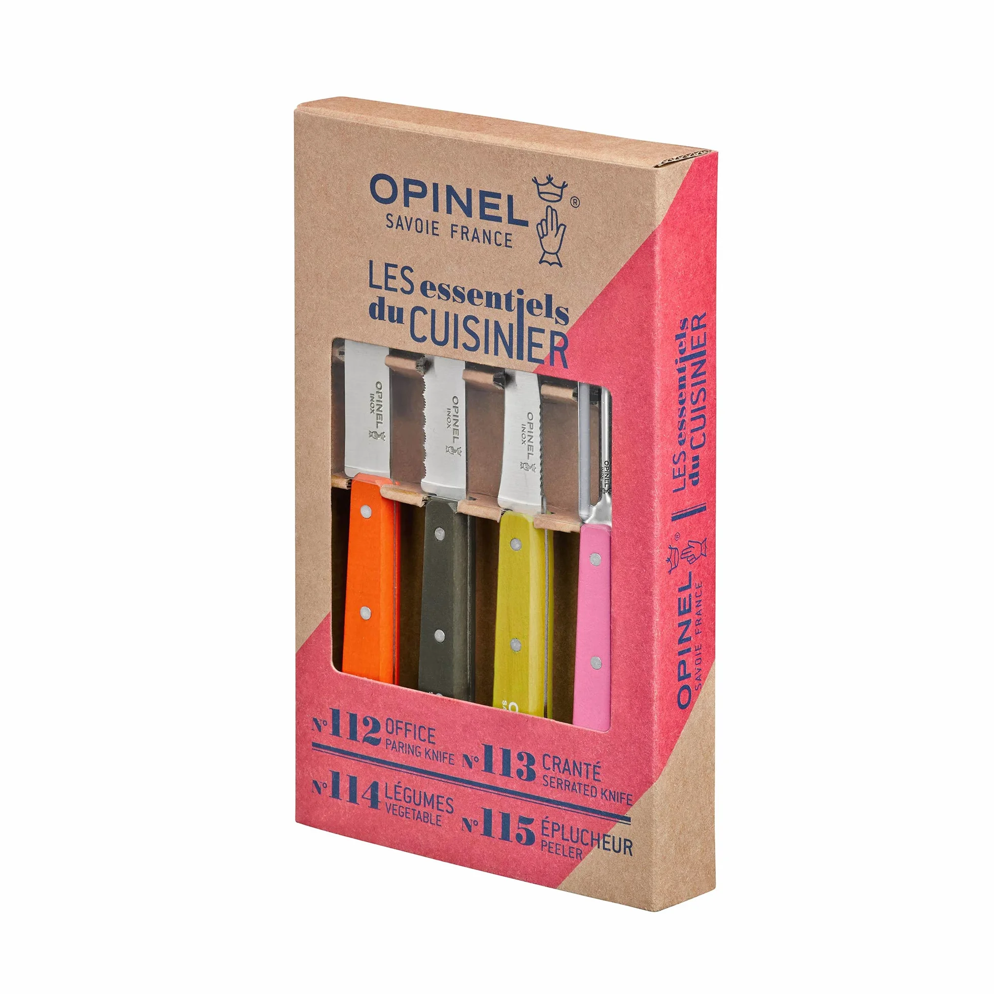 Opinel - Coffret Les Essentiels Fifties - Coffret Cuisine Couteau d’Office, Couteau Cranté, Couteau à Légumes, Couteau Eplucheur - Inox & Charme - Mandarine, Poivre, Tilleul & Rose