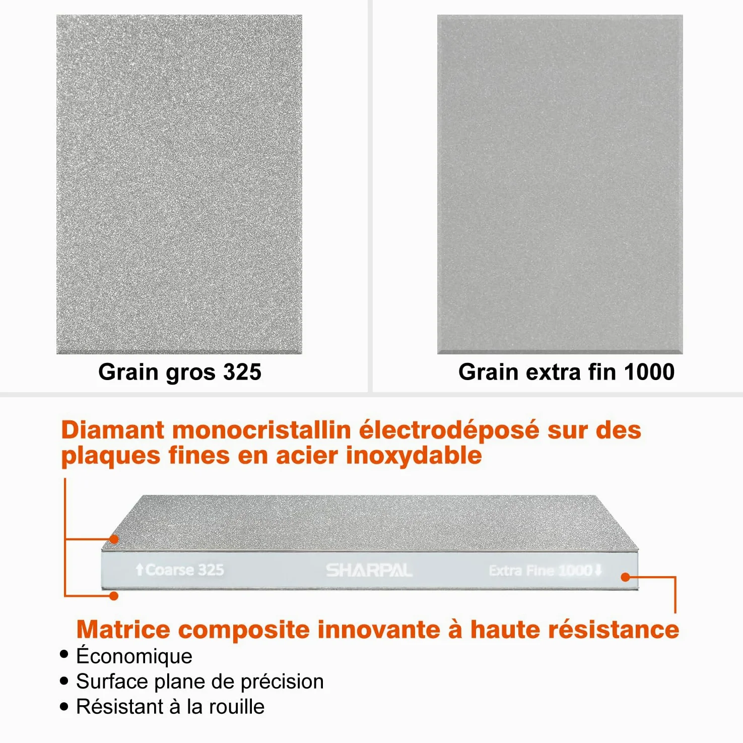 SHARPAL 168H Pierre à Aiguiser Diamant Dual-Grit 201 x 75 mm – Gros Grain 325 & Grain Extra-Fin 1000 Monocristallin, Pierre à Affûter Professionnelle avec Guide d'Angle et Semelle Antidérapante
