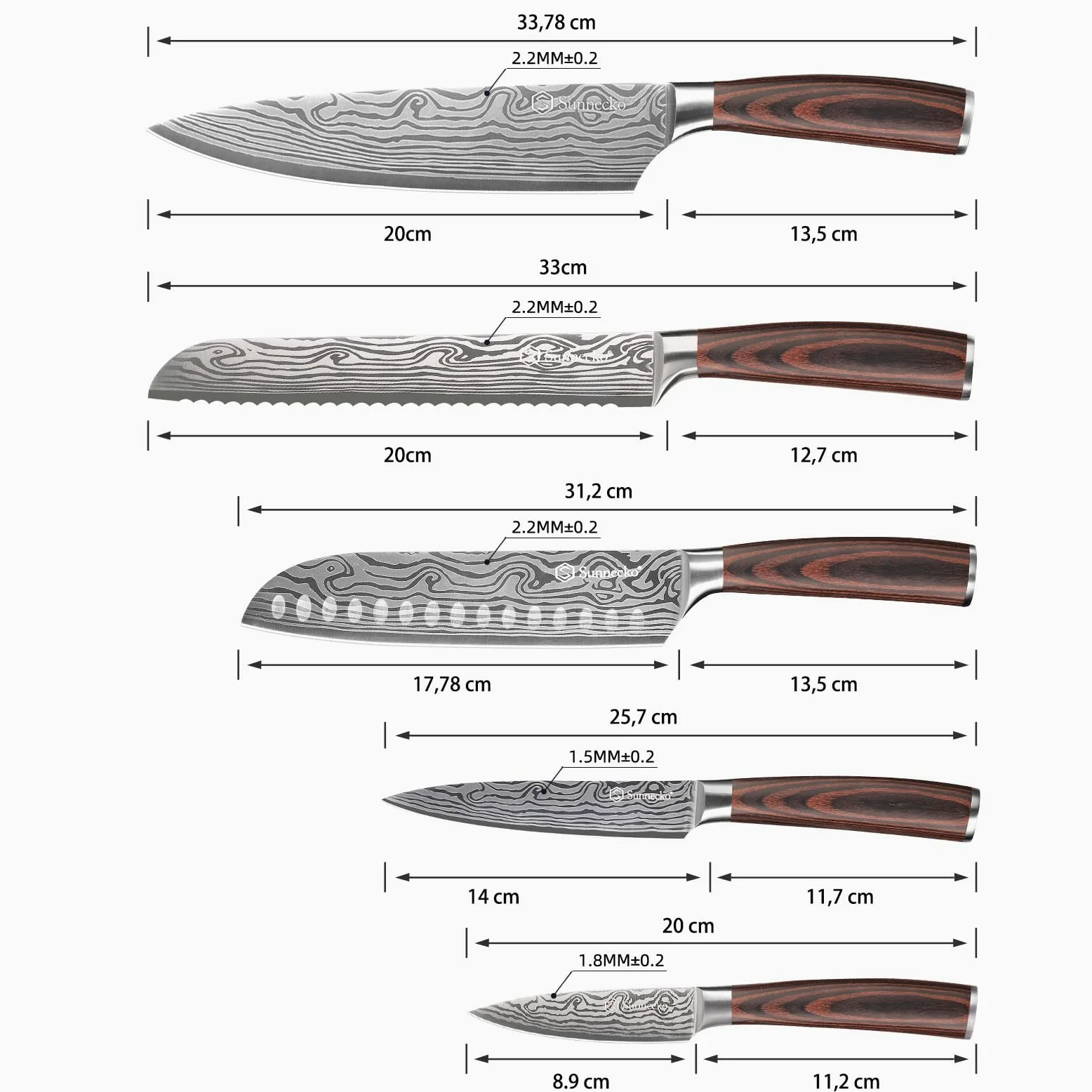 Sunnecko Set Couteau Cuisine Professionnel - Couteaux de Cuisine Japonais 5 Pièces en Acier Inox Lasé, Couteau Office Chef Santoku Pain Légume