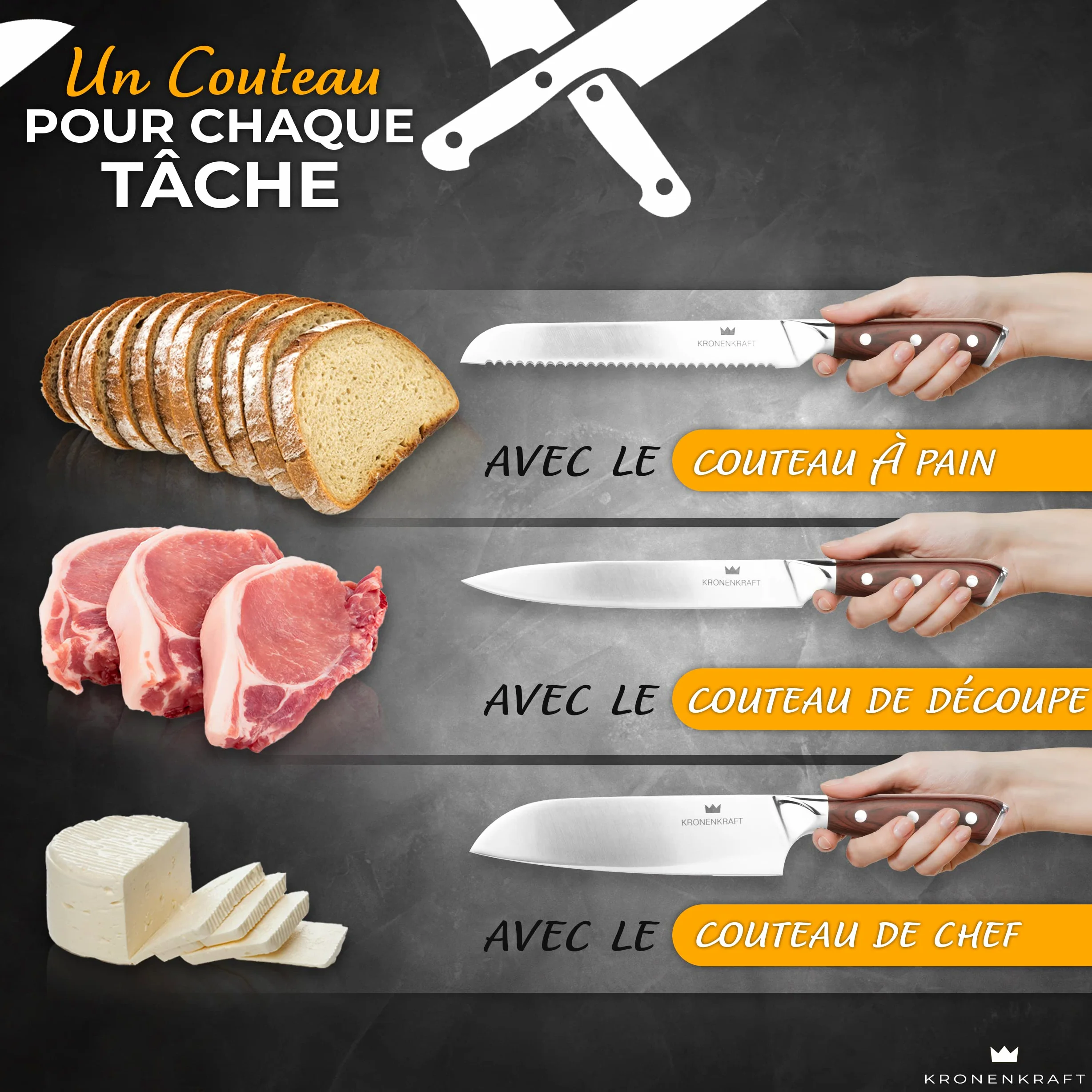 Set de Couteaux KRONENKRAFT® de 9 Pièces - Inclut Couteau de Chef, Couteau Santoku, et Plus - Fabriqué en Acier Allemand, Manche en Bois Pakka - Idéal pour Cuisine Professionnelle