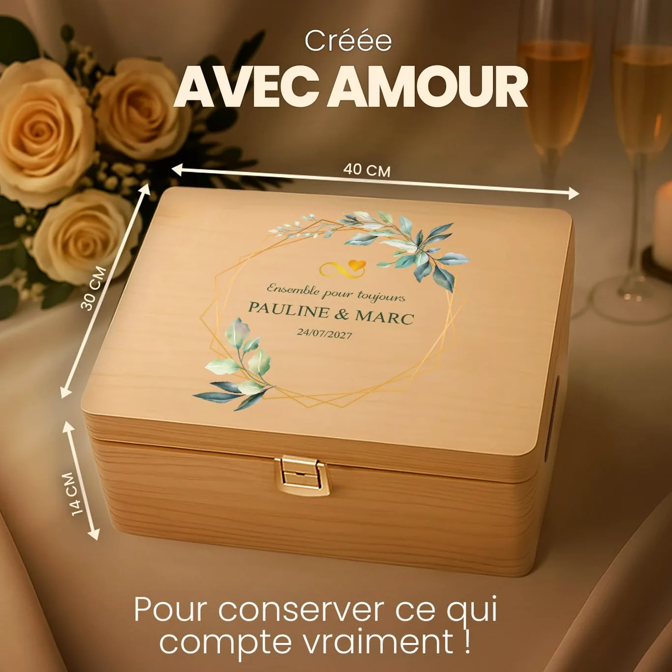 Maverton Boite a Souvenir Personnalisable - Cadeau Personnalisé pour couple - L/XL Boite de Rangement avec Couvercle en Bois de Pin Naturel - Cadeau Noel - Cadeau Mariage Anniversaire Amoureux