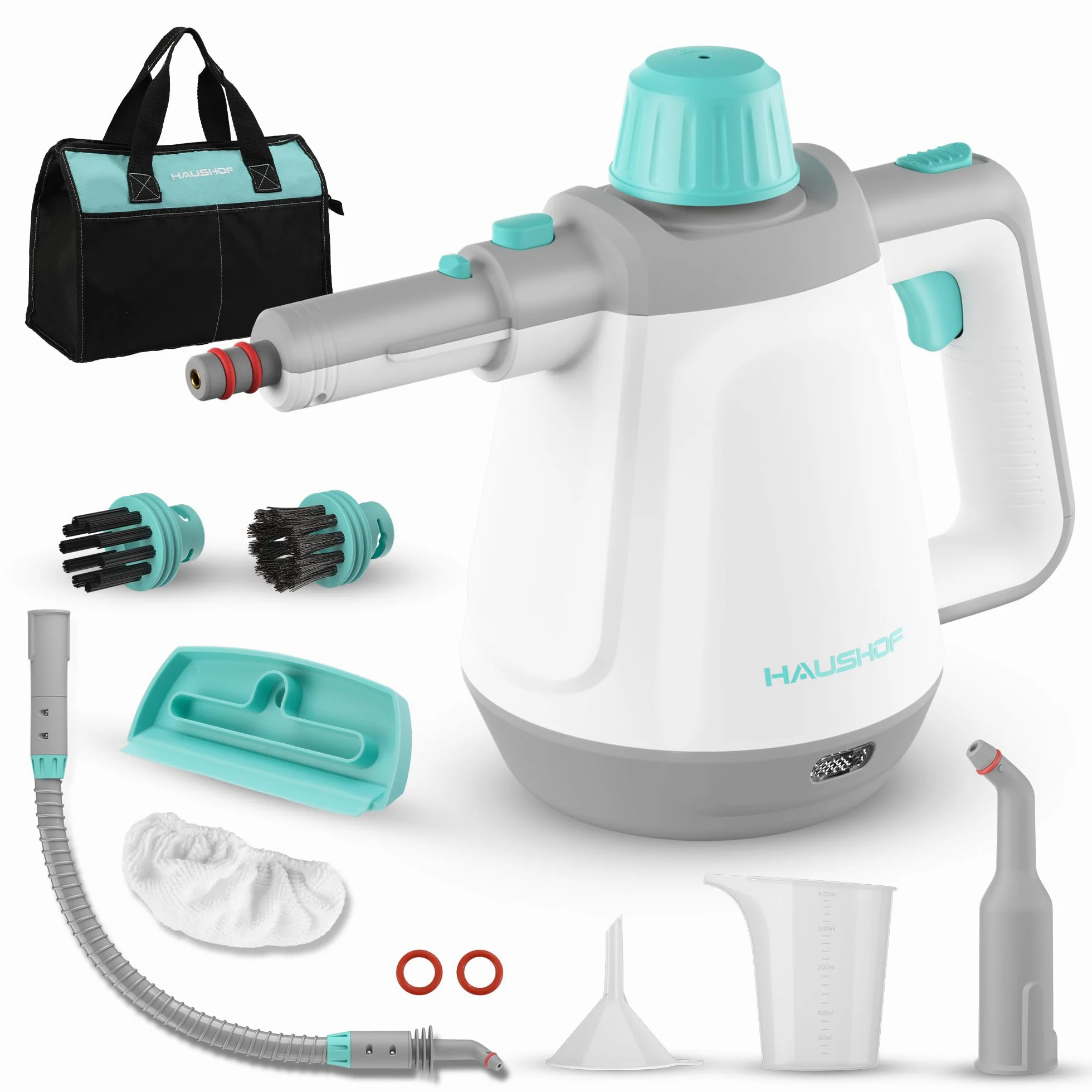 HAUSHOF Nettoyeur Vapeur a Main 450 ml Réservoir d'eau avec 8 Accessoires pour Adoucit Taches, Nettoyeur Vapeur Manuel Portable pour Canapé, Cuisine, Sol, Salle de Bain, Voiture