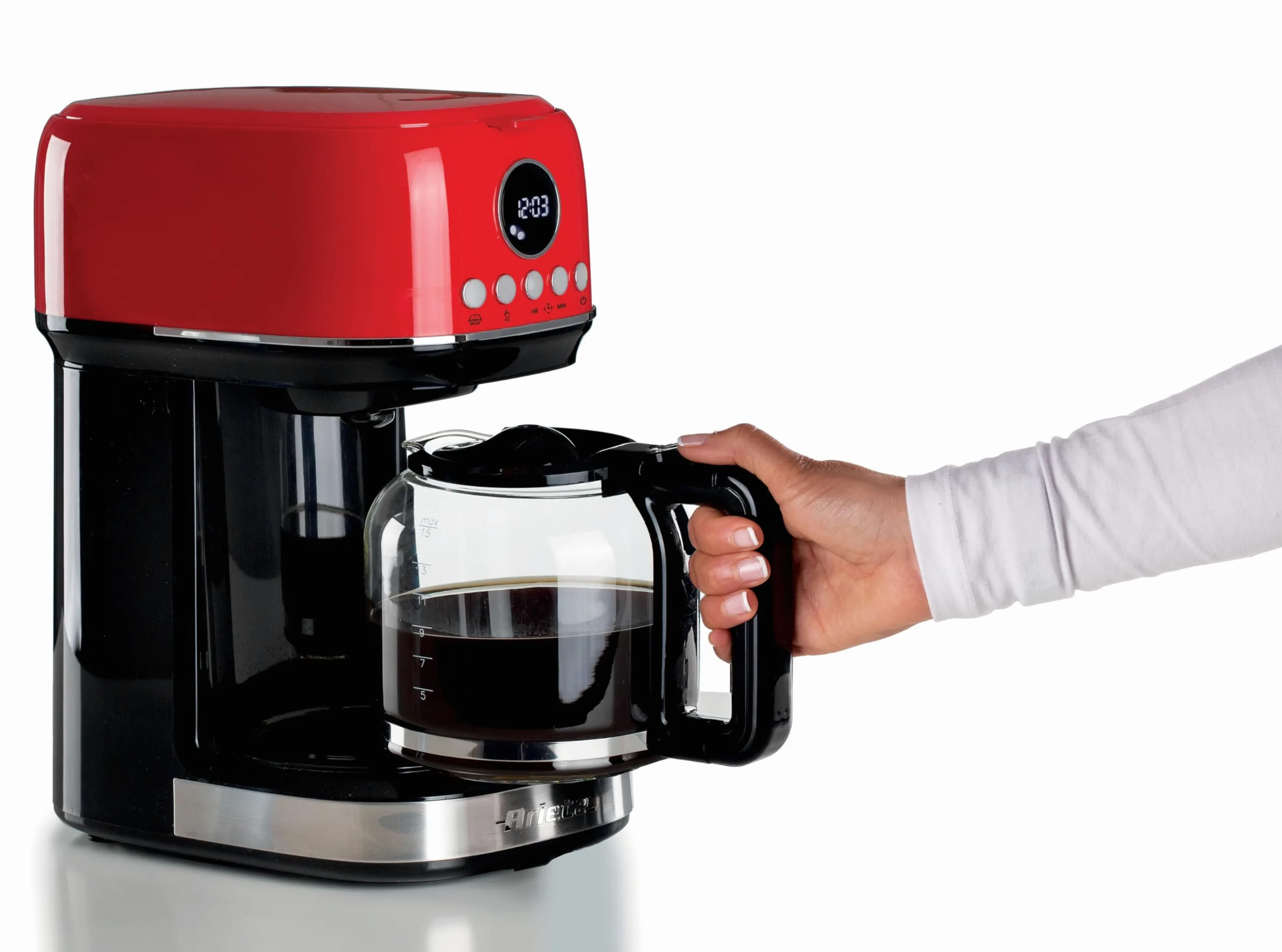 Ariete, Moderna 1396 Cafetière Filtre, Préparez Jusqu'à 15 Tasses de Café Américain, Carafe en Verre Trempé, Base Chauffante, Écran LCD, Filtres Amovibles et Lavables, Rouge
