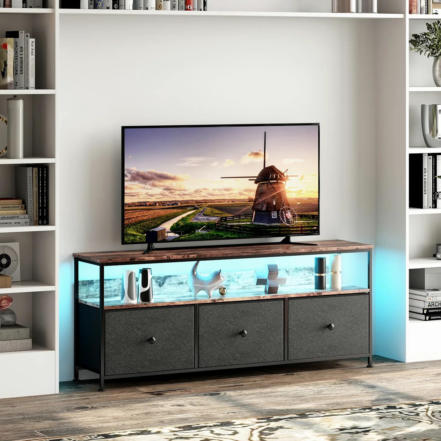 Meuble TV LED pour salon, console multimédia avec tiroirs à motif floral, lumières LED, centre de divertissement avec rangement, console de jeux avec meuble de jeux pour salon (noir B)