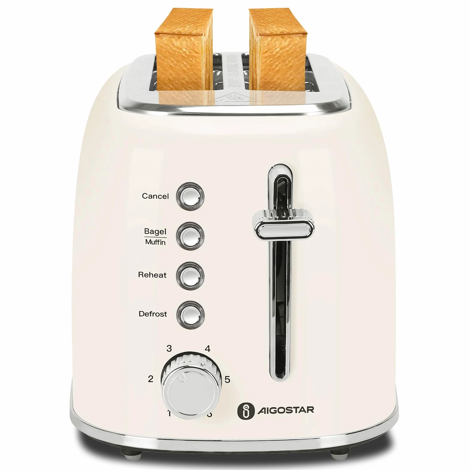 Aigostar Grille Pain, 2 Fentes Extra-Larges, Vintage Inox Crème, 6 Niveaux de Dorage, Fonction Bagel/Décongélation/Réchauffage/Annulation, Tiroir Ramasse-Miettes Amovible, 800W. Cream