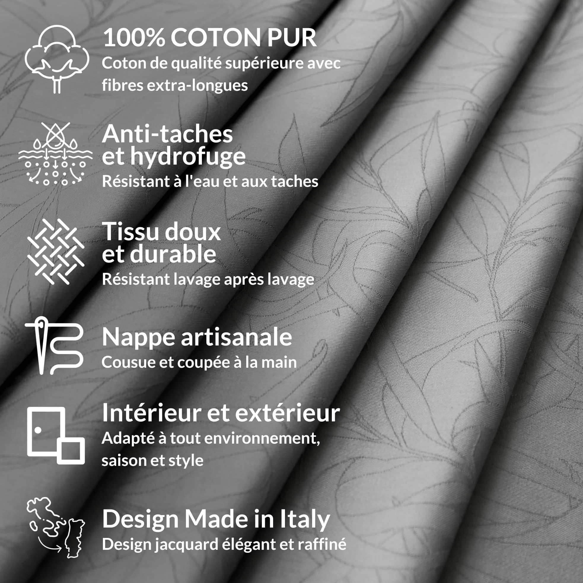Ferò Nappe Rectangulaire 150x240cm, imperméable, Nappe de Table 100% Coton Pur, Élegant Motif Jacquard, Fabriqué en Italie, Lavable, Nappe Exterieur Impermeable Jardin, Nappe Anti Taches, Gris