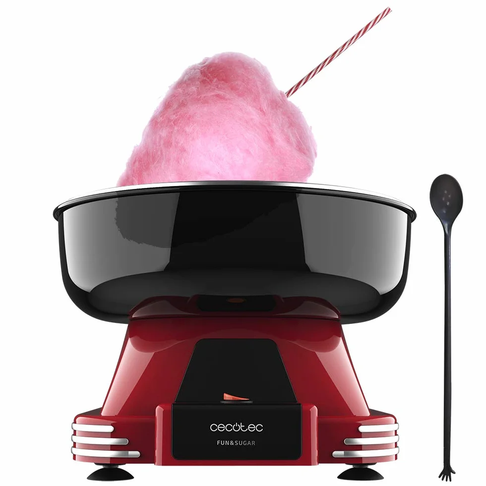 Cecotec Machine à barbe à papa Fun&Sugar. 500 W, Plat pivotant en acier inoxydable, Complètement démontable, Inclus cuillère doseuse et 10 bâtonnets