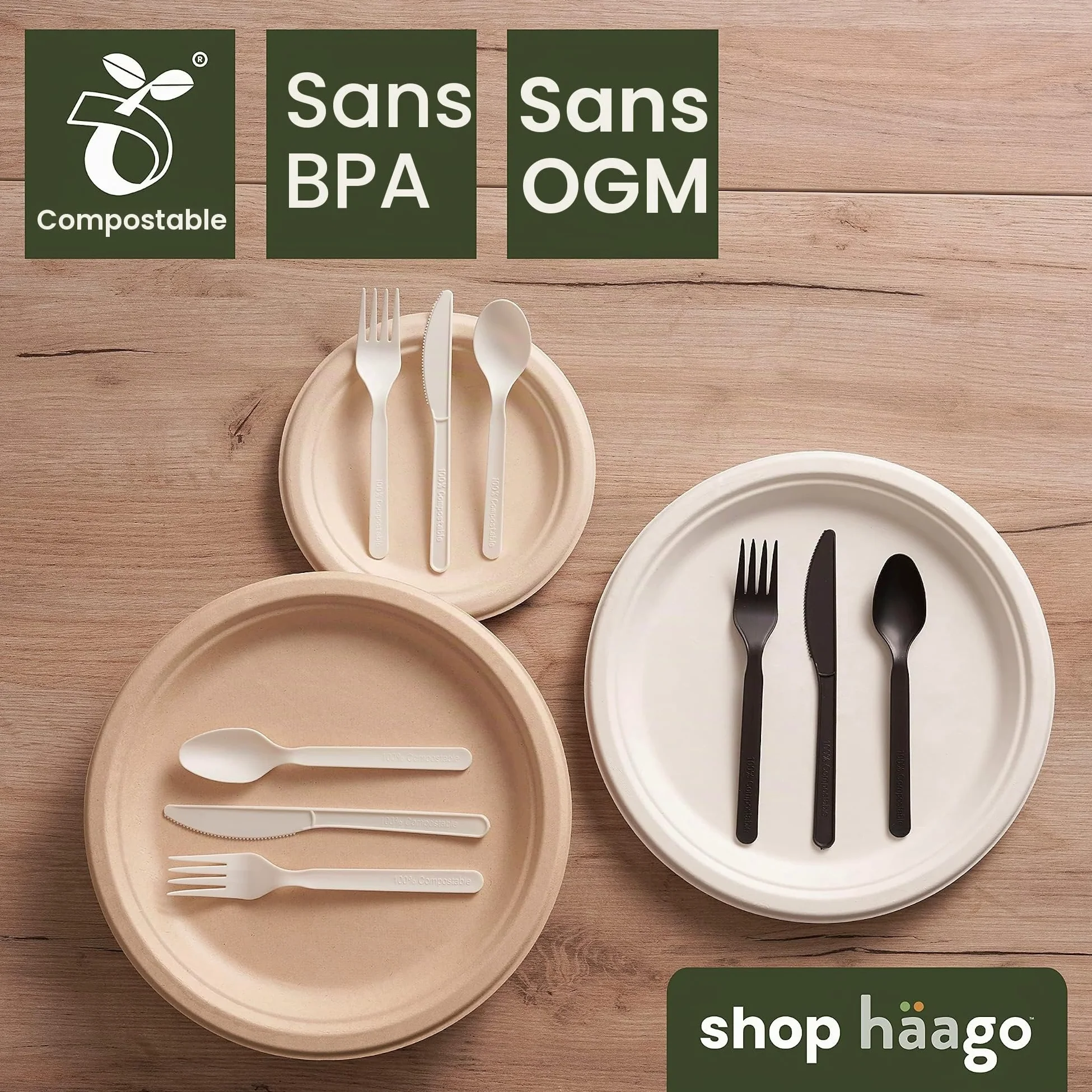 HAAGO 180 Couverts Réutilisables en PLA Noir 18 cm / 7" (60 Fourchettes, 60 Couteaux, 60 Cuillères) – 100% Naturel, Lavables, Compostables, Solides – Pour Repas, Fêtes, BBQ, Buffet, Traiteur