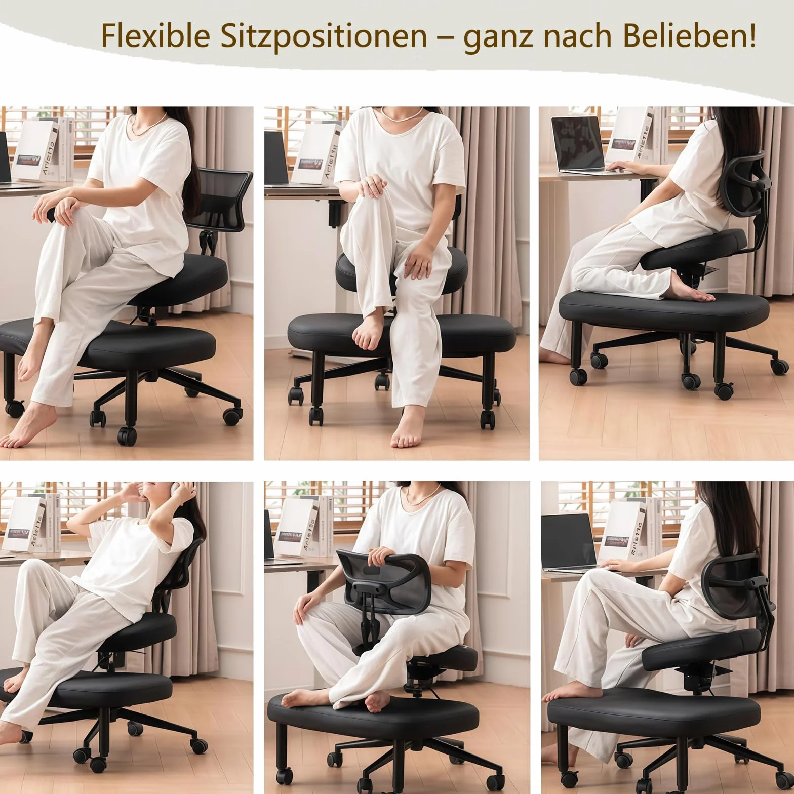 Chaise croisée avec roues, chaise à genoux polyvalente avec support arrière, tabouret réglable avec siège incliné pour une meilleure posture, coussins épais et confortables, noir