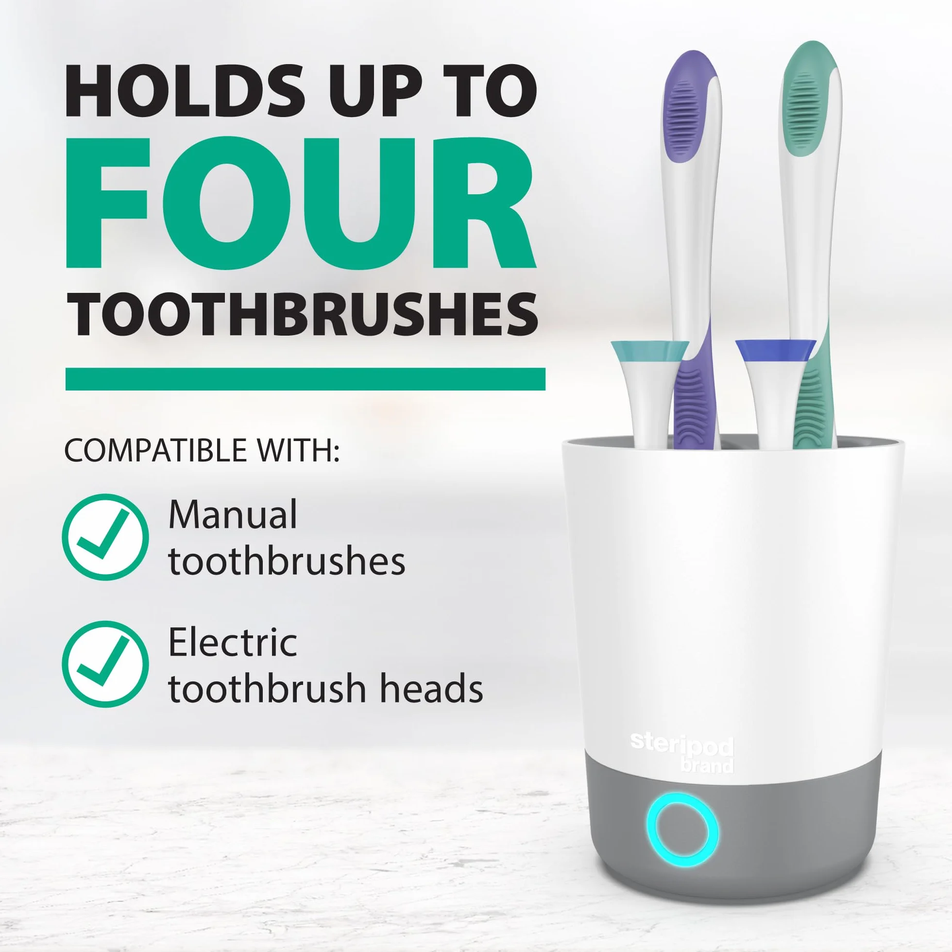 Steripod Désinfectant UV pour Brosse à Dents de comptoir - Réduit Les Micro-organismes nocifs, Support de Brosse à Dents et Station de Nettoyage - Peut contenir Quatre brosses à Dents