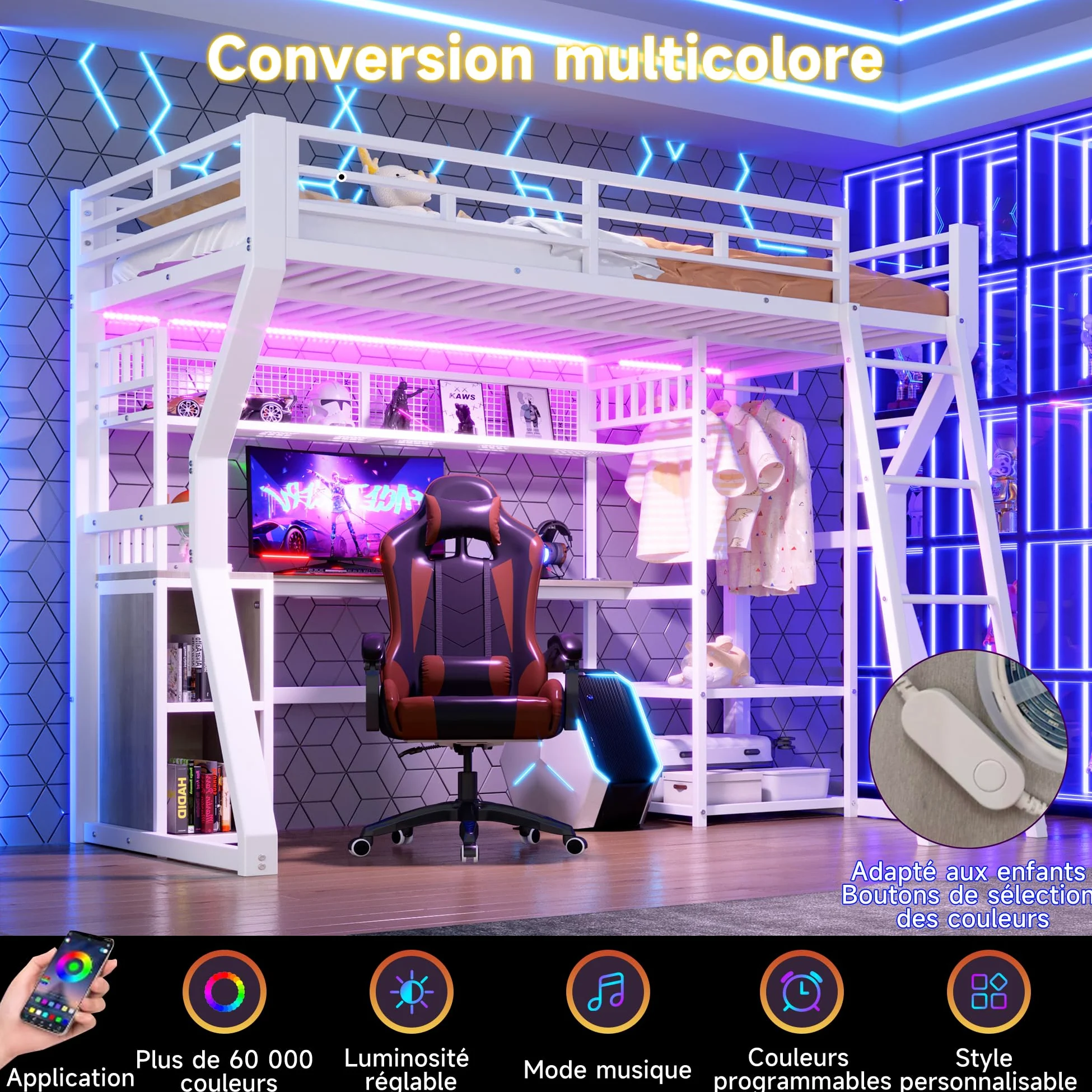 Lit Mezzanine Enfant 90x200cm avec Bande LED et Prise Électrique,Lit Superposé 1 Places en Métal avec Penderie,Bureau, Rangements,Étagères,Cadre de Lit Simple per Ado,sans Matelas,Blanc