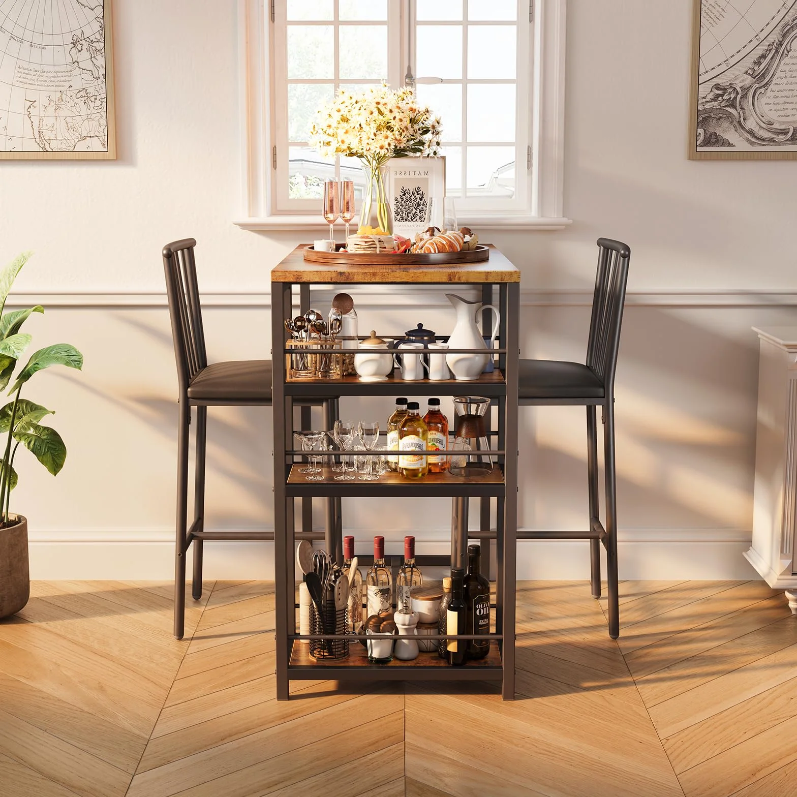 Xbro Ensemble Table de Bar avec 2 Chaises Rembourrées, Table de Bistrot pour Cuisine avec 3 Étagères (Marron)