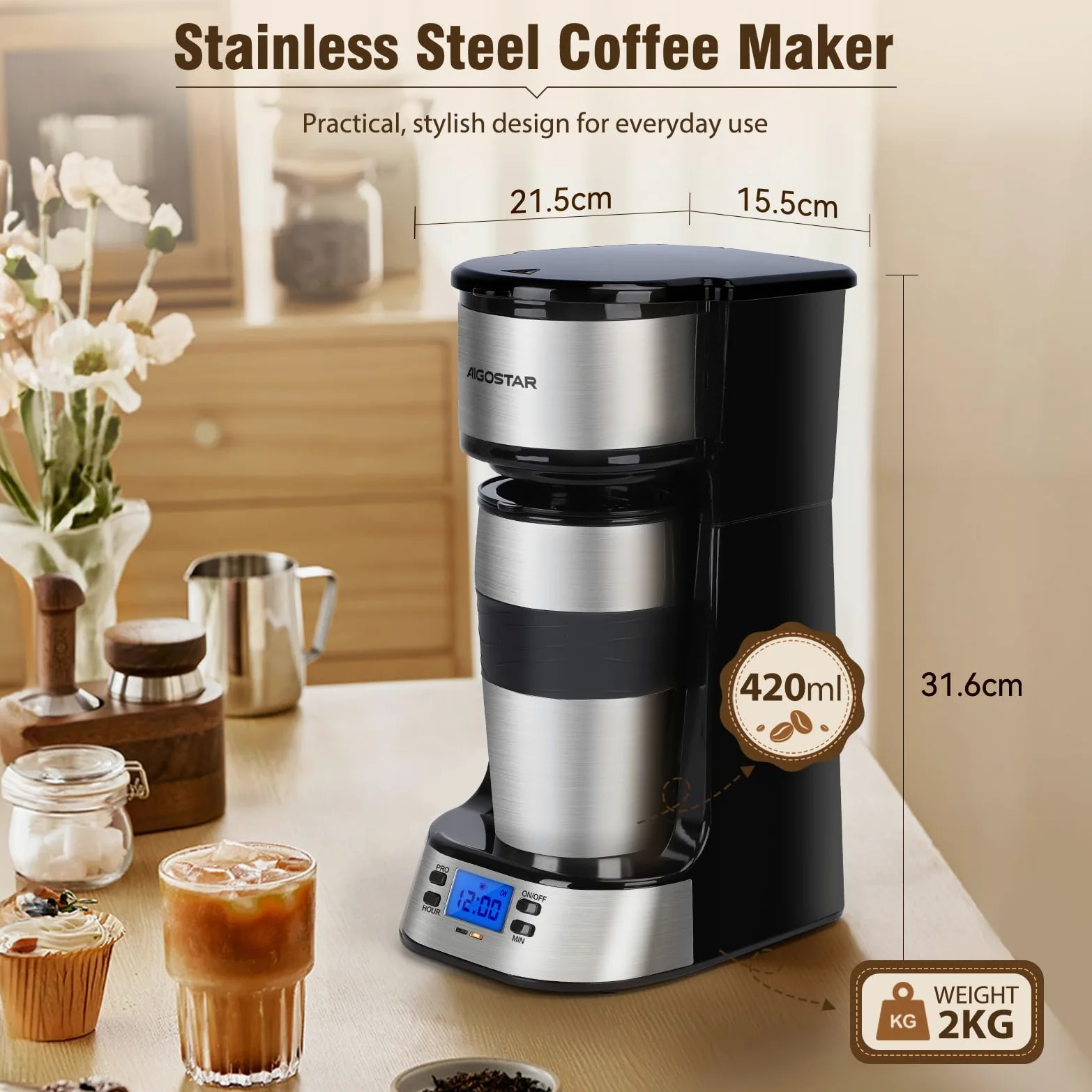 Aigostar - Cafetière Filtre avec 1 tasse isotherme Programmable 24h, Affichage LCD, Machine à café avec Gobelet de voyage de 420 ml et filtre à café réutilisable, 700W, Noir