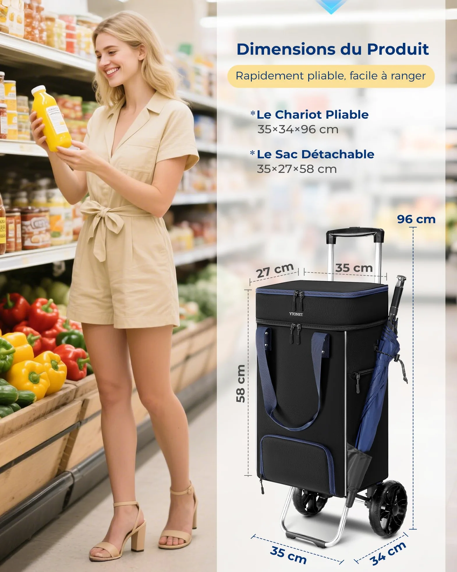 Ytonet Chariot de Courses à roulettes 55L, Caddie de Courses Pliable Porte Jusqu'à 68 kg, Chariot de Courses Imperméable avec Sac Isotherme et Poche Anti-vol, Le Camping, Faire Les Courses, Noir