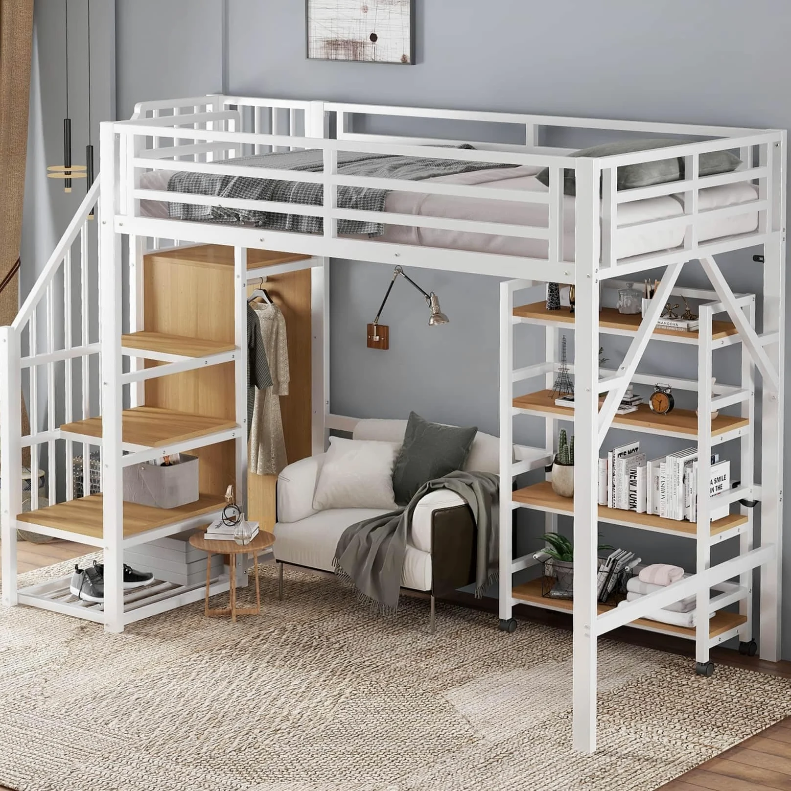 Lit Mezzanine Enfant 90x200 Métal,Lit Mezzanine 1 Place avec étagère à 4 Niveaux sur roulettes,Escalier de Rangement,Tringle à Vêtements,Haute Barrière,pour Enfants Ados