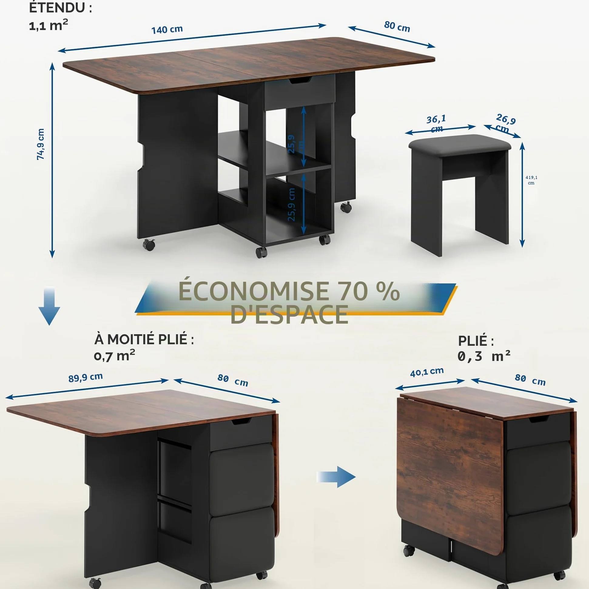 Mondeer Ensemble Table à Manger Pliable 140 cm avec 4 Chaises Rembourrés, Ensemble Table avec 2 Tiroirs et 2 Etagères de Rangement, pour Petits Espaces Cuisine Salle à Manger (Marron et Noir)