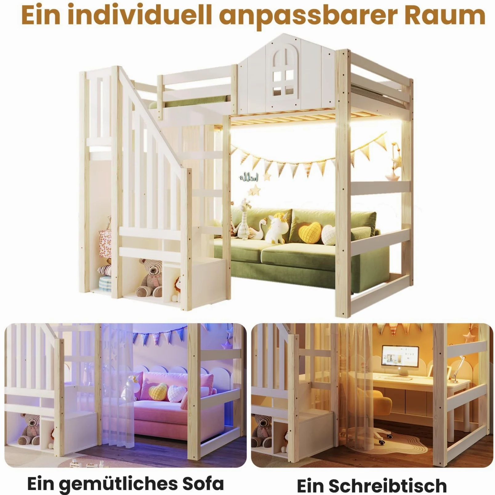 Lit Mezzanine 2 Places 140x200cm,Lit Cabane Enfant avec éclairage LED Réglable,Échelle de Rangement,Rideau en Gaze,Haute Barrière de Type Cabine,pour Enfants Adolescents (Blanc, 140x200)