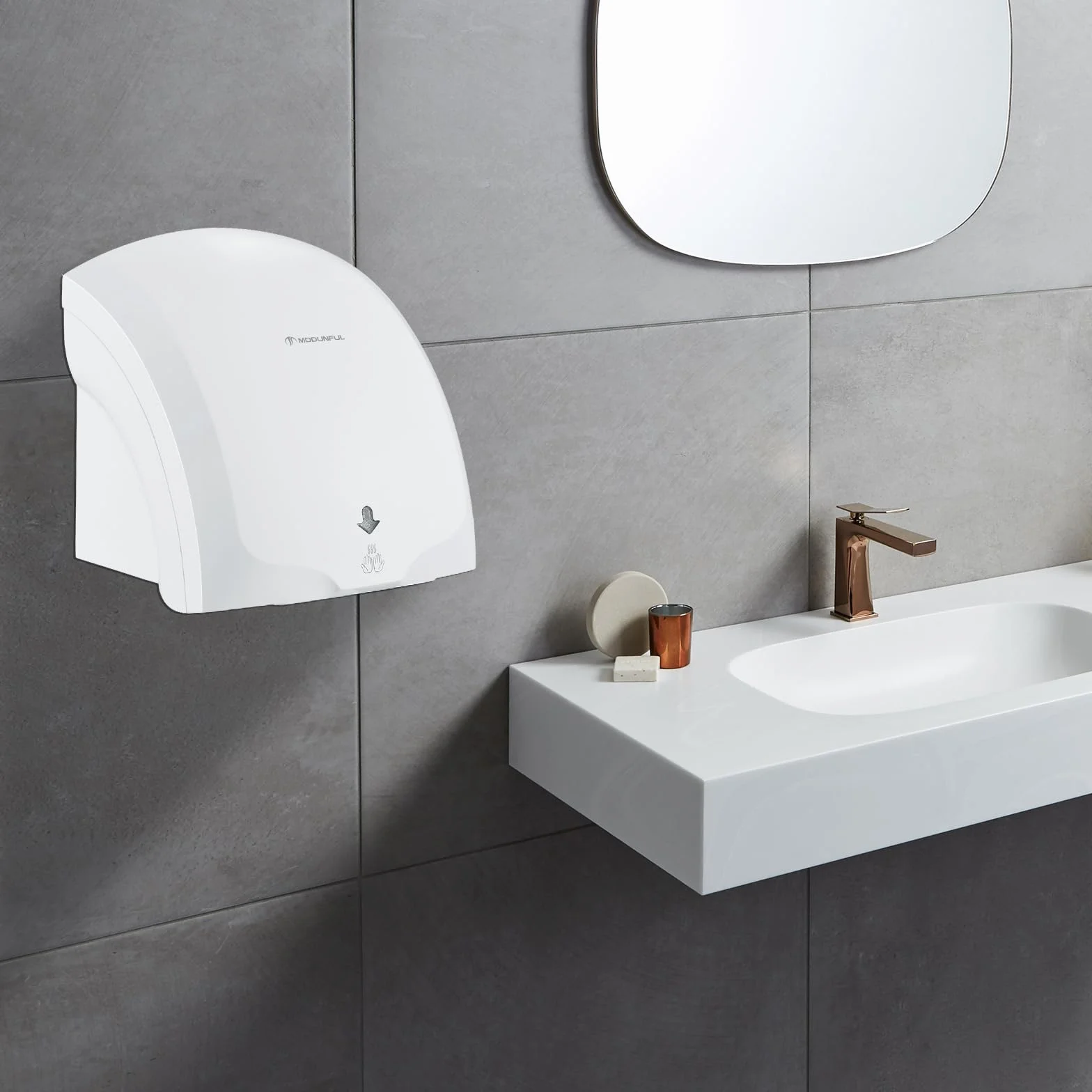 modunful Sèche-mains automatique mural Avec lampe témoin, séchage par vent chaud et froid, compact classique Commercial 220V 2000W Blanc