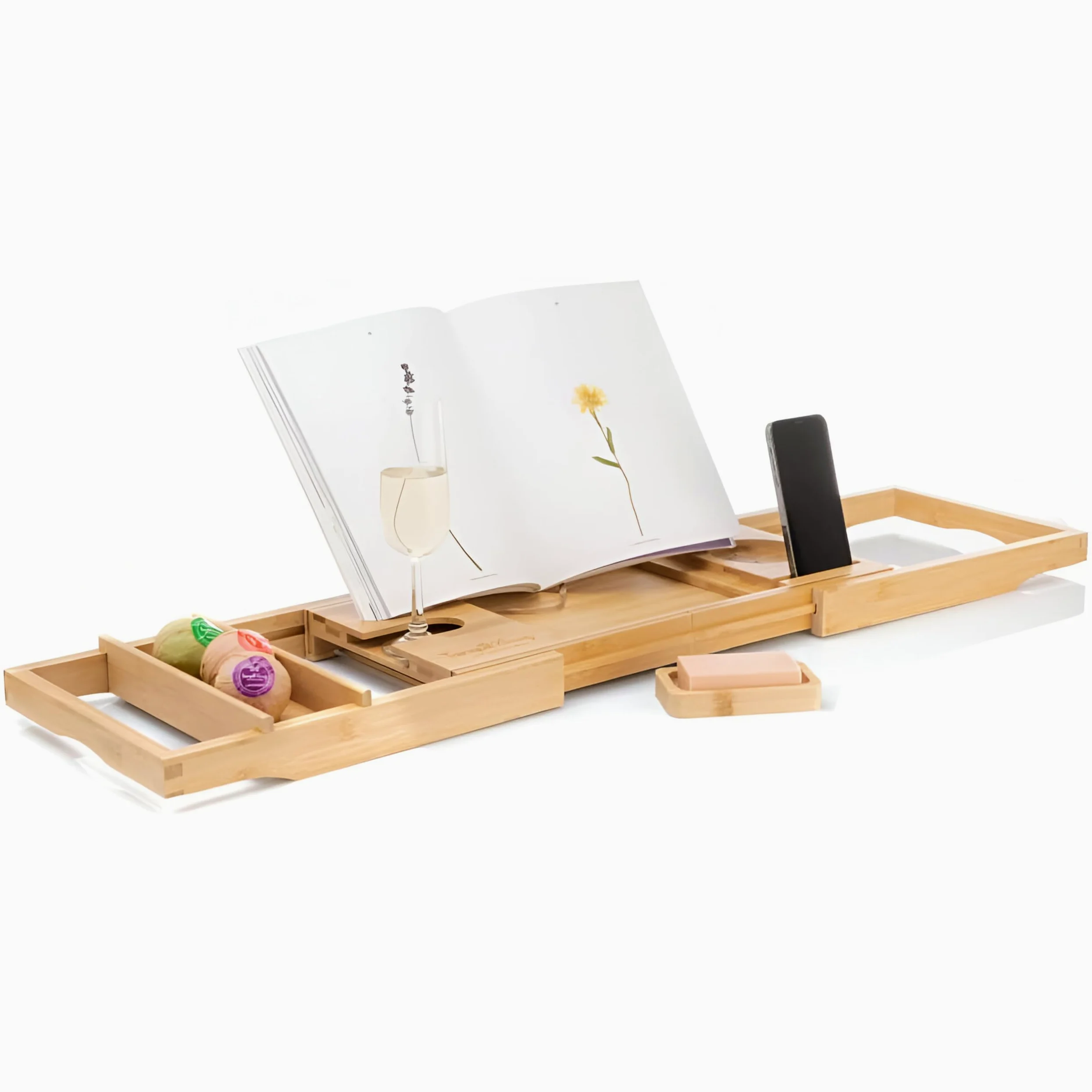 TranquilBeauty Panier de Bain Extensible | Plateau de Bain réglable avec Porte-vin en Bambou Naturel Durable | Planche de Bain en Bois de Luxe avec Support pour iPad, Tablette et téléphone
