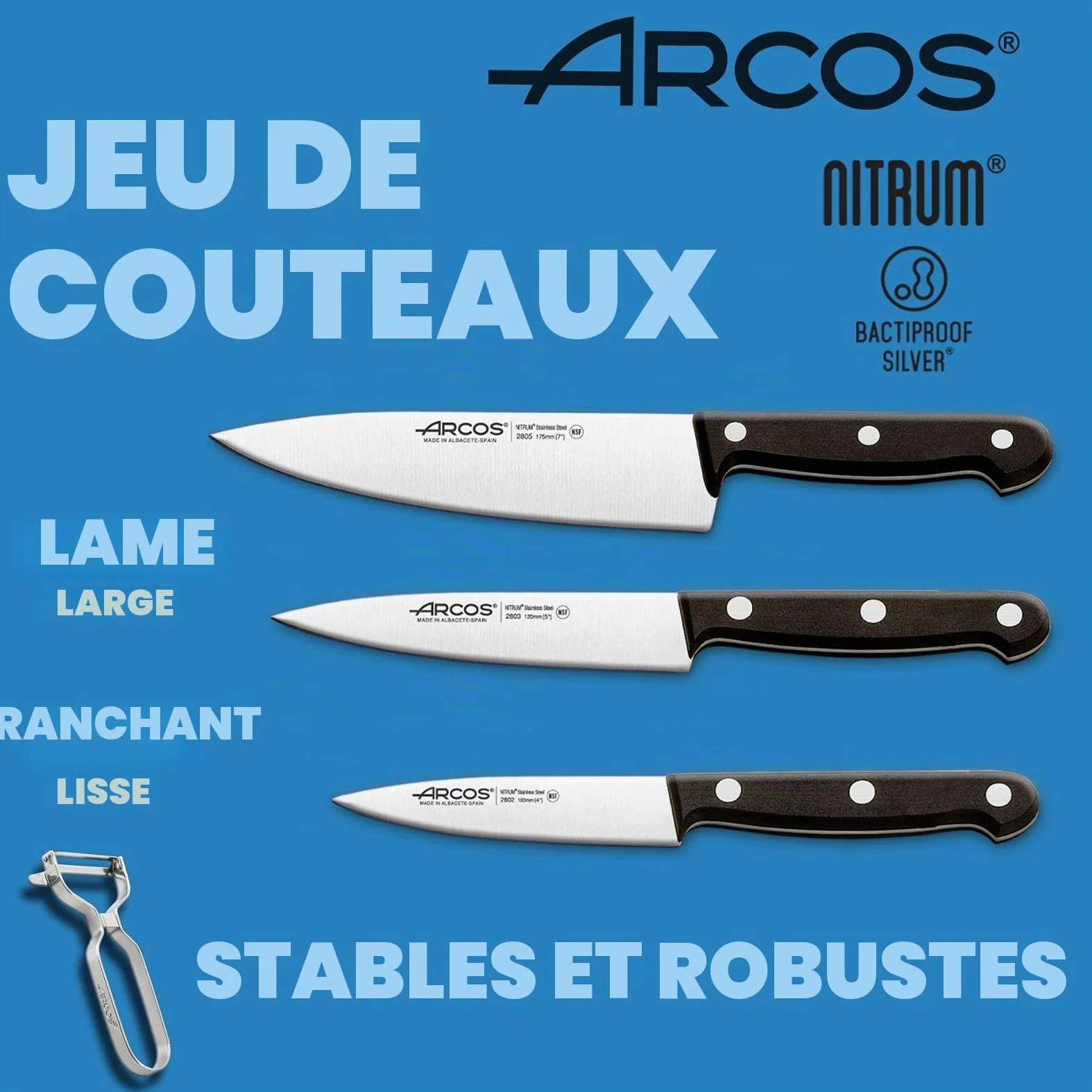 Arcos Jeu de Couteaux de Cuisine Professionnels | Comprend éplucheur de Pommes de Terre | Couteaux de Cuisine Professionnelle et éplucheur Pommes de Terre | 4 pièces Set Couteaux | Manche Noir