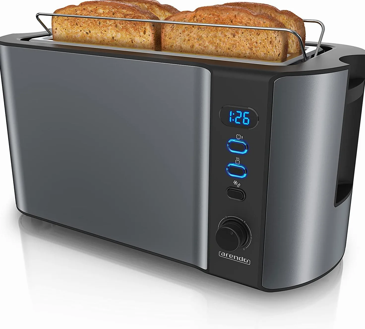 arendo - Grille Pain 2 Larges Fentes 4 tranches écran Digital - Grille-Pain Automatique 3en1-1500W - 6 Niveaux réglable décongélation réchauffe viennoiseries Plateau à miettes -Toaster Cool Grey