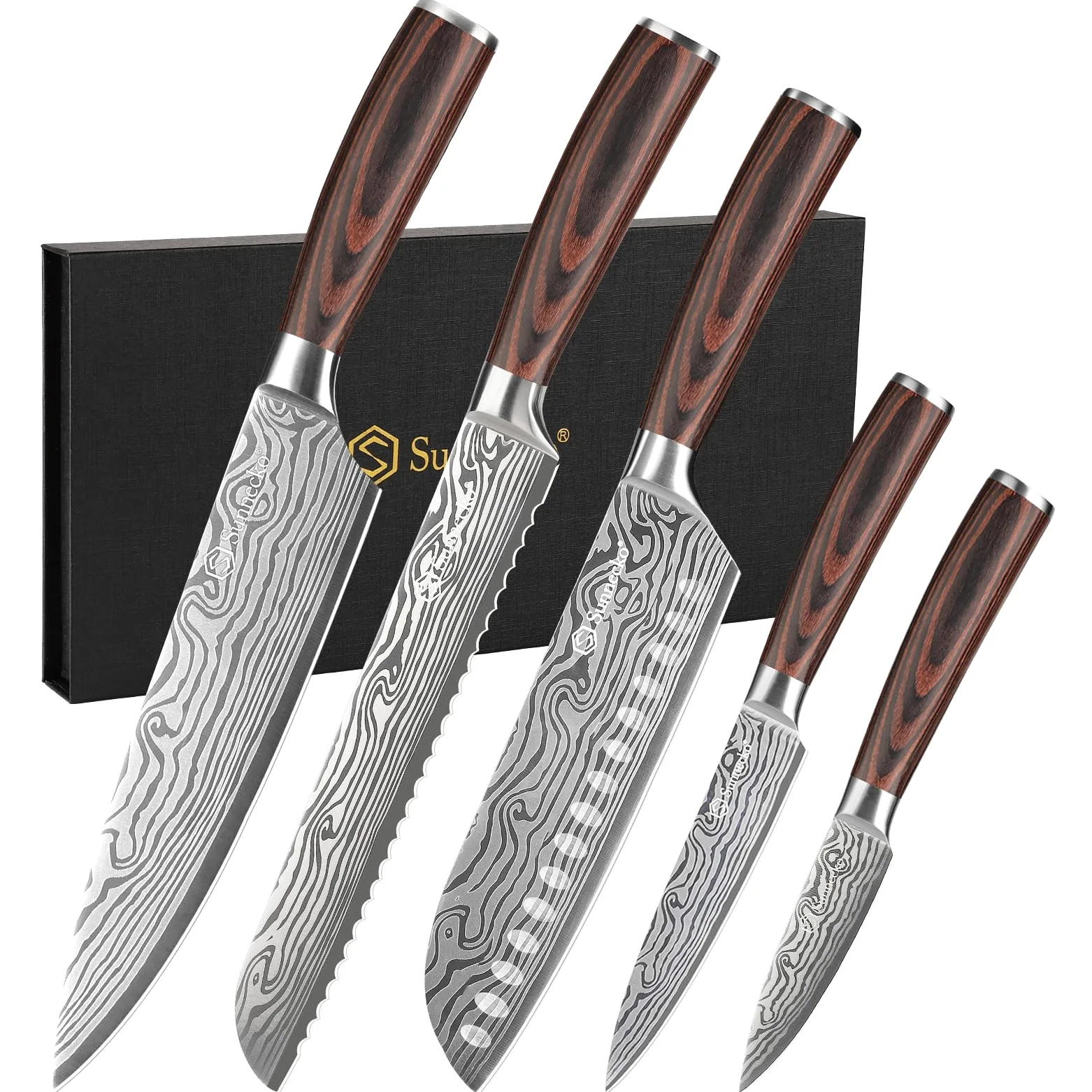 Sunnecko Set Couteau Cuisine Professionnel - Couteaux de Cuisine Japonais 5 Pièces en Acier Inox Lasé, Couteau Office Chef Santoku Pain Légume