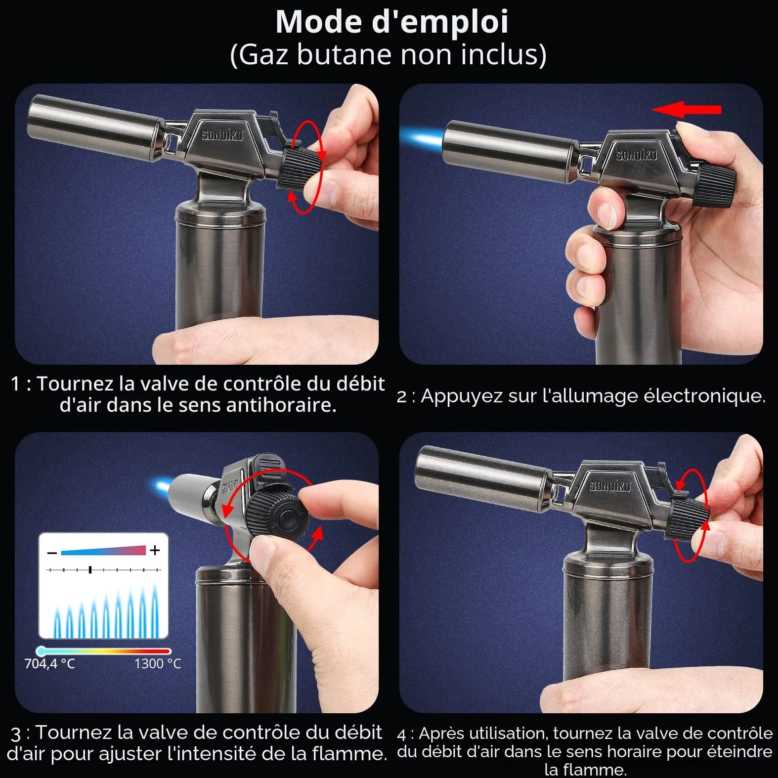 Sondiko Chalumeau Au Butane, Chalumeau Rechargeable à Grande Flamme En MéTal, De Qualité SupéRieure, Et RéSistante Au Vent Pour La Cuisine, Le Barbecue, La Soudure(Gaz Butane Non Inclus)