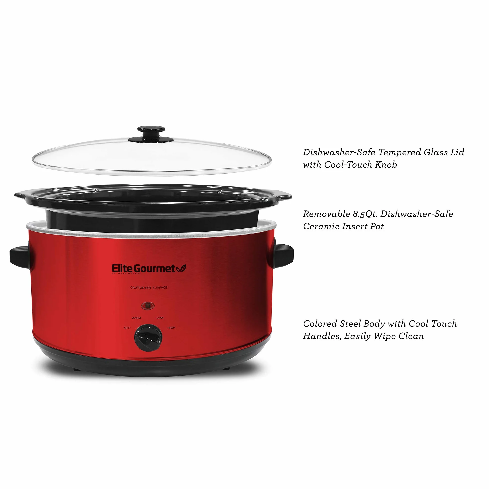 Elite Gourmet MST-900RXT Mijoteuse électrique en céramique format XL, température réglable, pour sauces et plats mijotés, couvercle en verre et cuve lavables au lave-vaisselle, 8 L, rouge métallisé