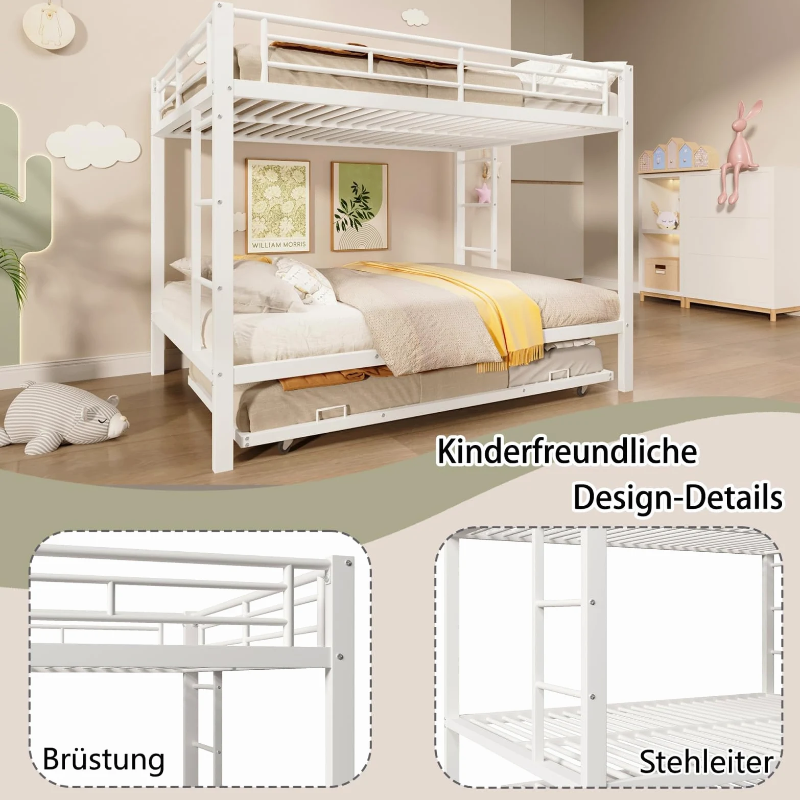 PUGSDRLY Lit Superposé 3 Places avec Lit Gigogne, Structure en Métal Robuste, lit Mezzanine 2 Places avec Haute Barrière de Sécurité, pour Étudiant, Adulte (Blanc+Métal, 140 * 200cm)