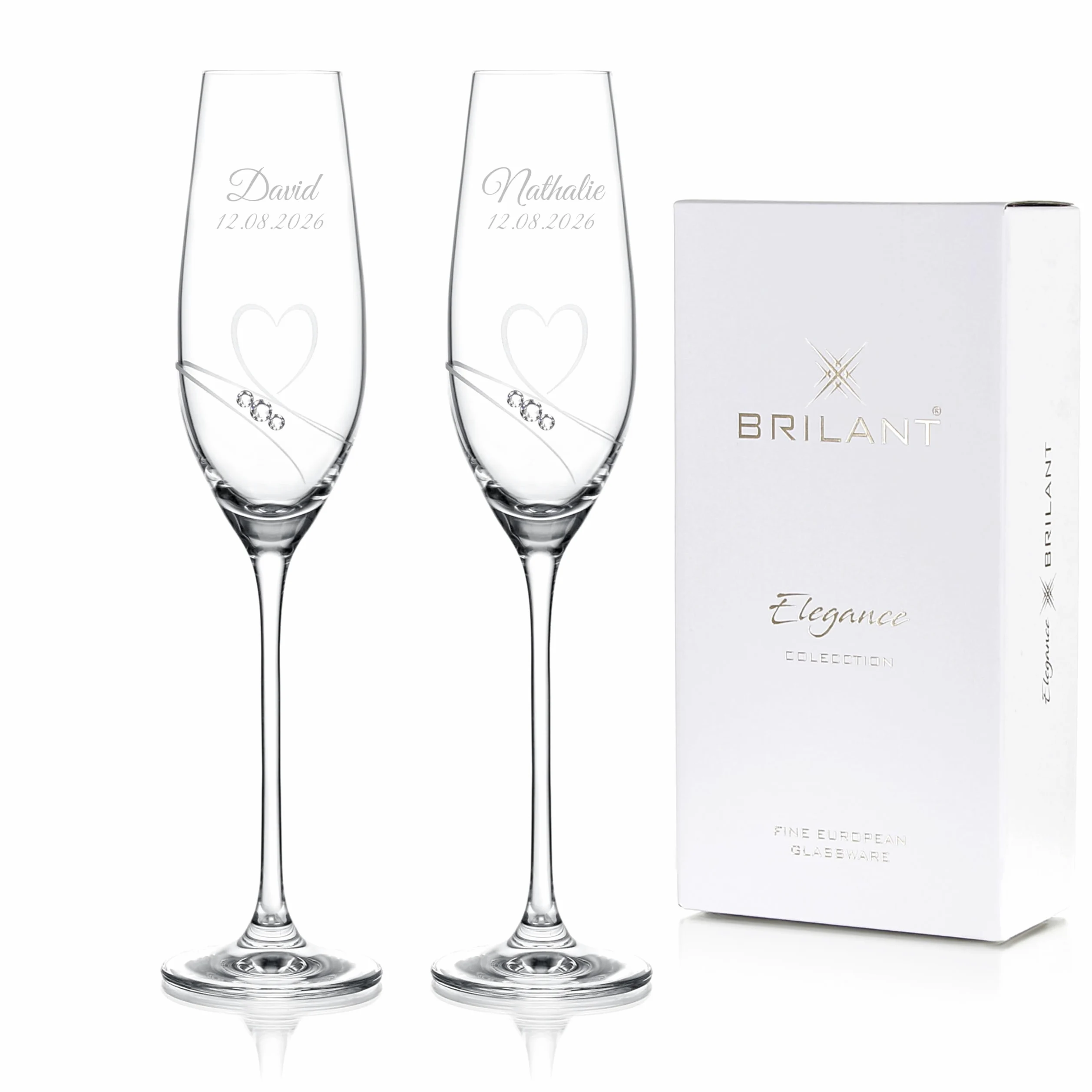 Essence of Love Flûtes à Champagne Personnalisées - Verre a Champagne, Cadeau de Mariage, Verre Personnalisé avec Noms et Date Gravés, cristal sans plomb, fabriqué en Europe - Set de 2 (210ml)