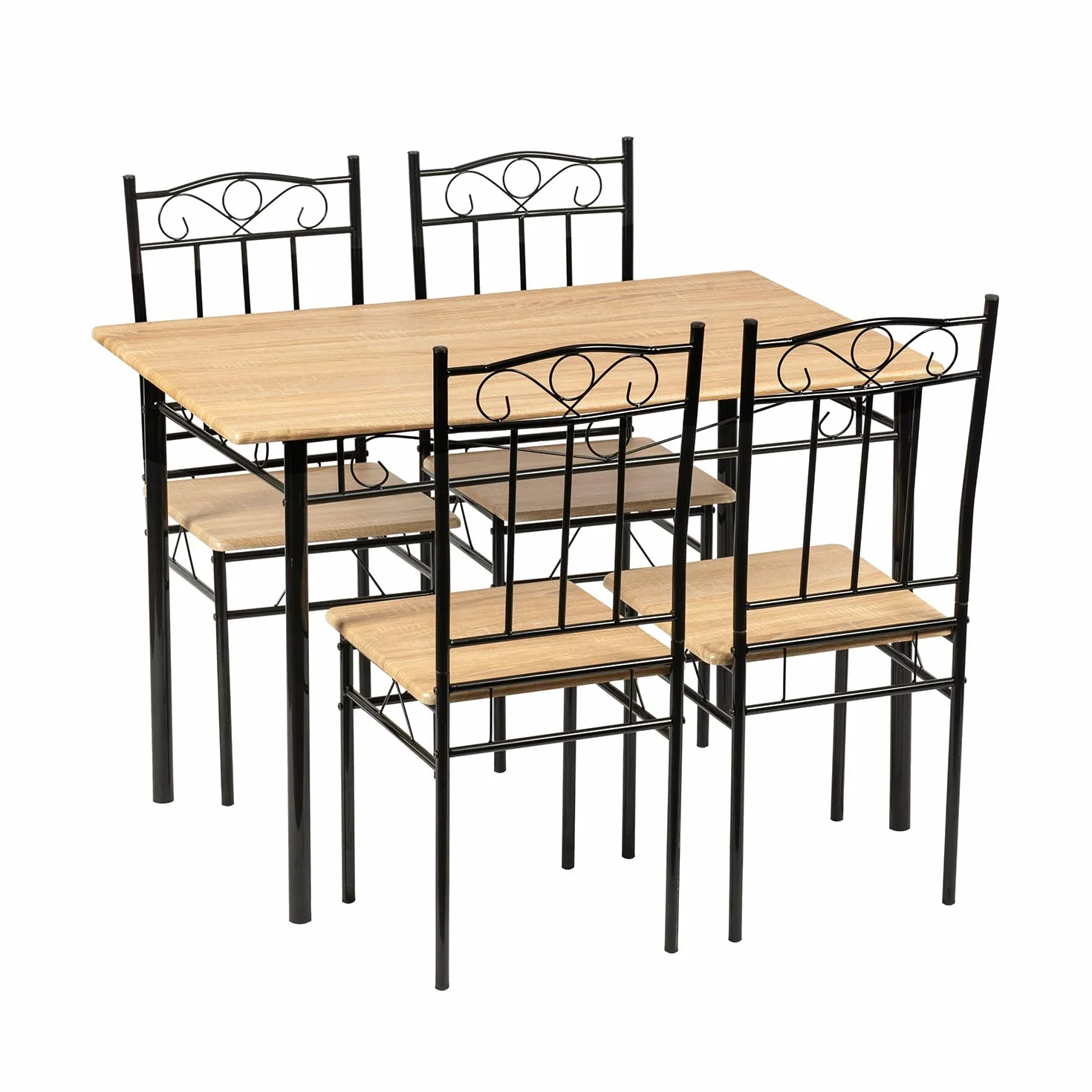 Ensemble Table et 4 Chaises, en Grain de Bois de Hêtre, Pieds en Métal Noir, pour Salle à Manger, Cuisine, Salon