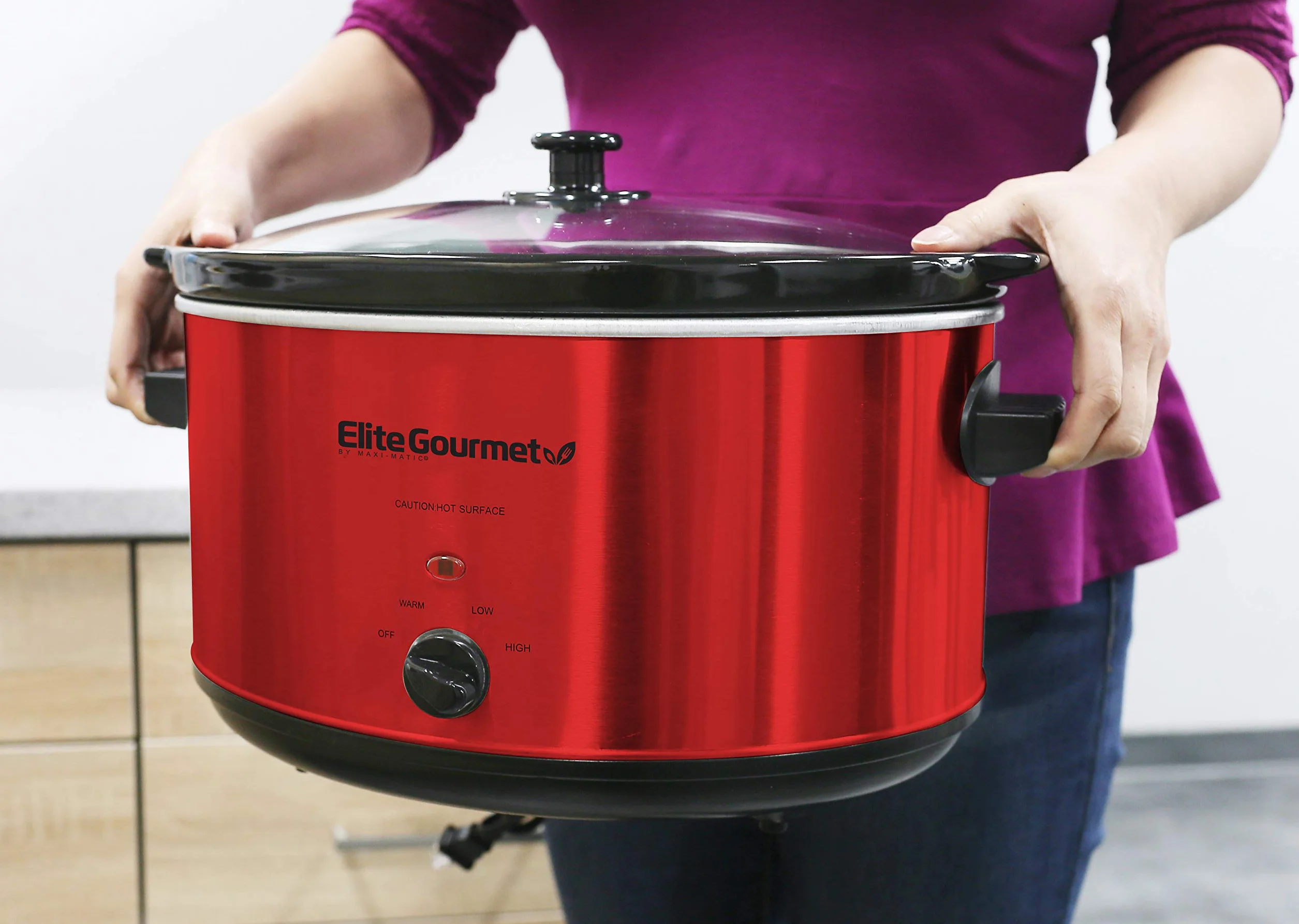 Elite Gourmet MST-900RXT Mijoteuse électrique en céramique format XL, température réglable, pour sauces et plats mijotés, couvercle en verre et cuve lavables au lave-vaisselle, 8 L, rouge métallisé