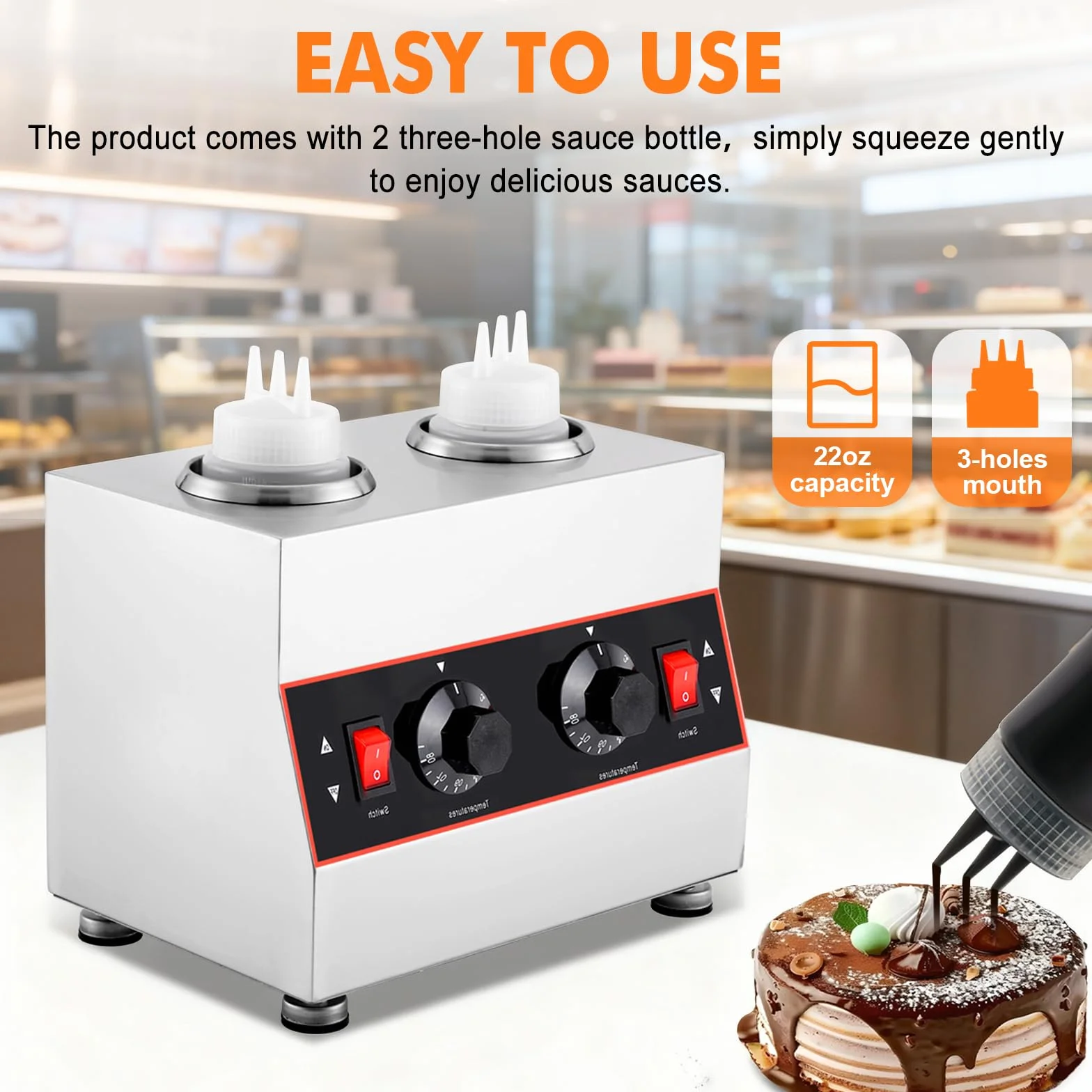 YUCHENGTECH Chauffe-Sauce Électrique, Température Réglable 86-185 ℉,320W | Distributeur Chauffant pour Sauces en Acier Inoxydable avec 2 Bouteillespour Chocolat, Fromage, Ketchup et le Fudge