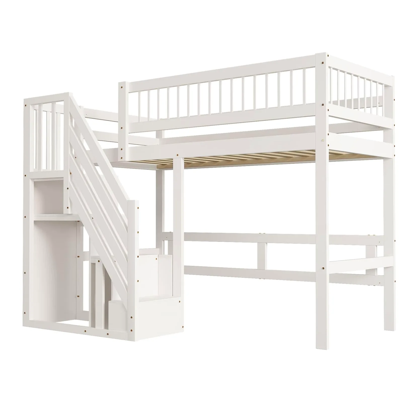 PUGSDRLY Lit Mezzanine 1 Place,Lit Mezzanine Enfant 90x200cm avec Escalier de Rangement et Petite Armoire,pour Adolescent,Design de Clôture Haute,Cadre de Bois Massif (Blanc-A, 90x200)