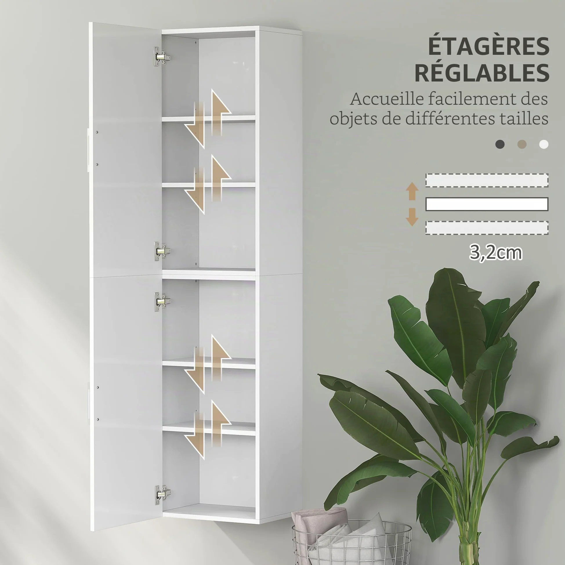 HOMCOM Armoire murale pour salle de bain avec étagères réglables et 2 portes - Meuble de salle de bain moderne pour les petits espaces - 40 x 30 x 160 cm - Blanc brillant