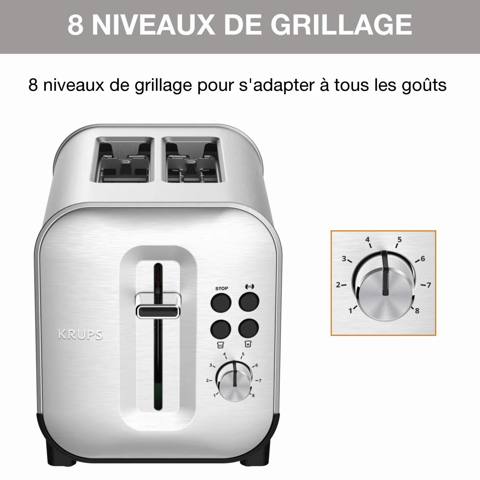 Krups Grille-pain 2 fentes larges, Inox brossé premium, 8 réglages température, Remontée extra-haute, Tiroir ramasse-miettes, Excellence KH682D10
