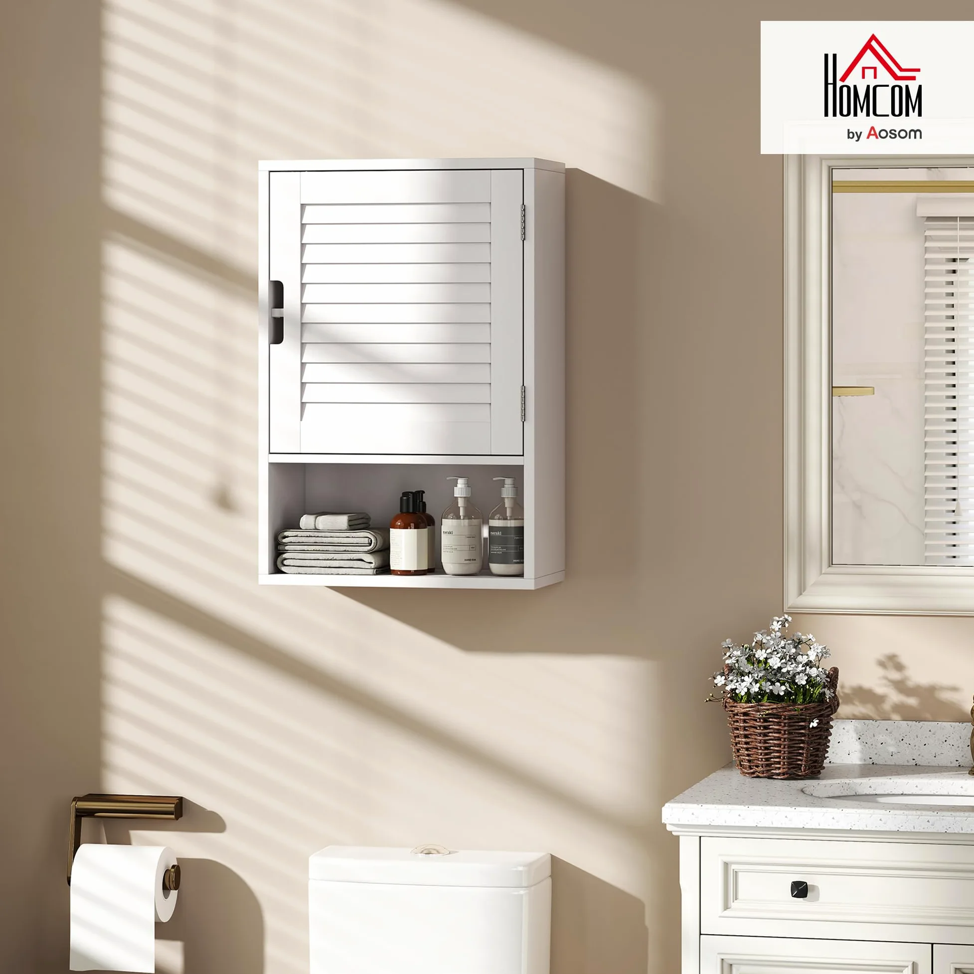 HOMCOM Armoire Murale de Salle de Bain, Meuble de Rangement Suspendu pour Salle de Bains avec Porte à Lattes, étagère réglable et Compartiment Ouvert, Meuble WC Suspendu, 40x20x60cm, Blanc