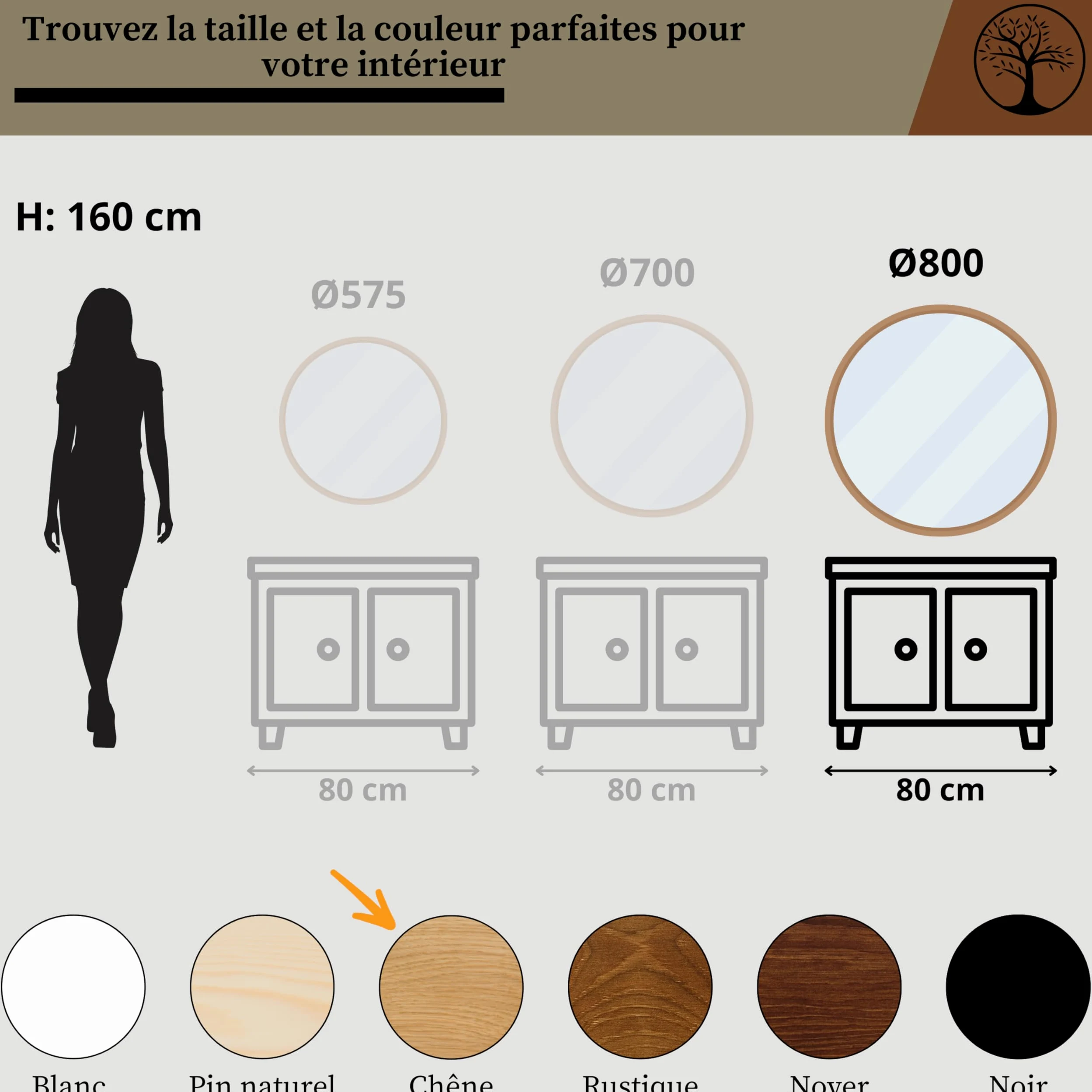LEJA – Miroir Mural Rond, Cadre en Bois (∅80 cm), chêne – pour Salle de Bain, entrée, Salon, Chambre