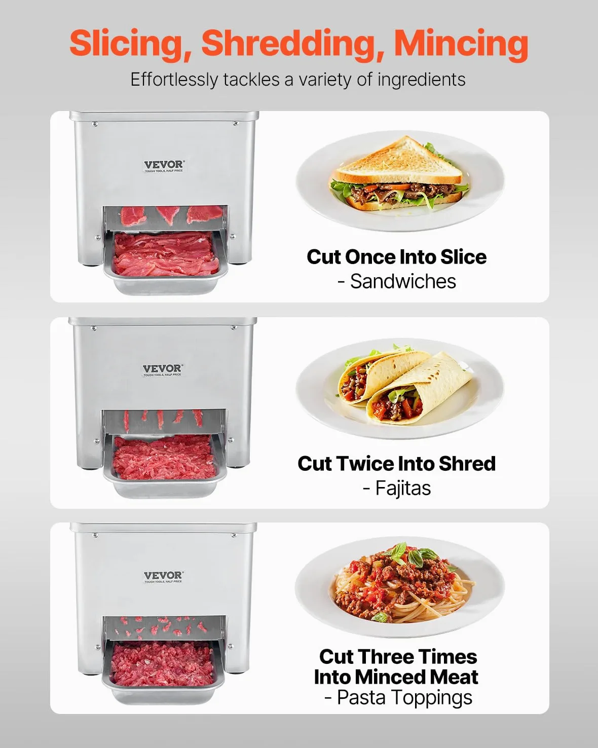 VEVOR Trancheuse à viande commerciale, 550 W, machine à découper la viande, 159 kg/h, acier inoxydable, épaisseur 3,5 mm, trancheuse électrique pour aliments, pour cuisine, restaurant, supermarché