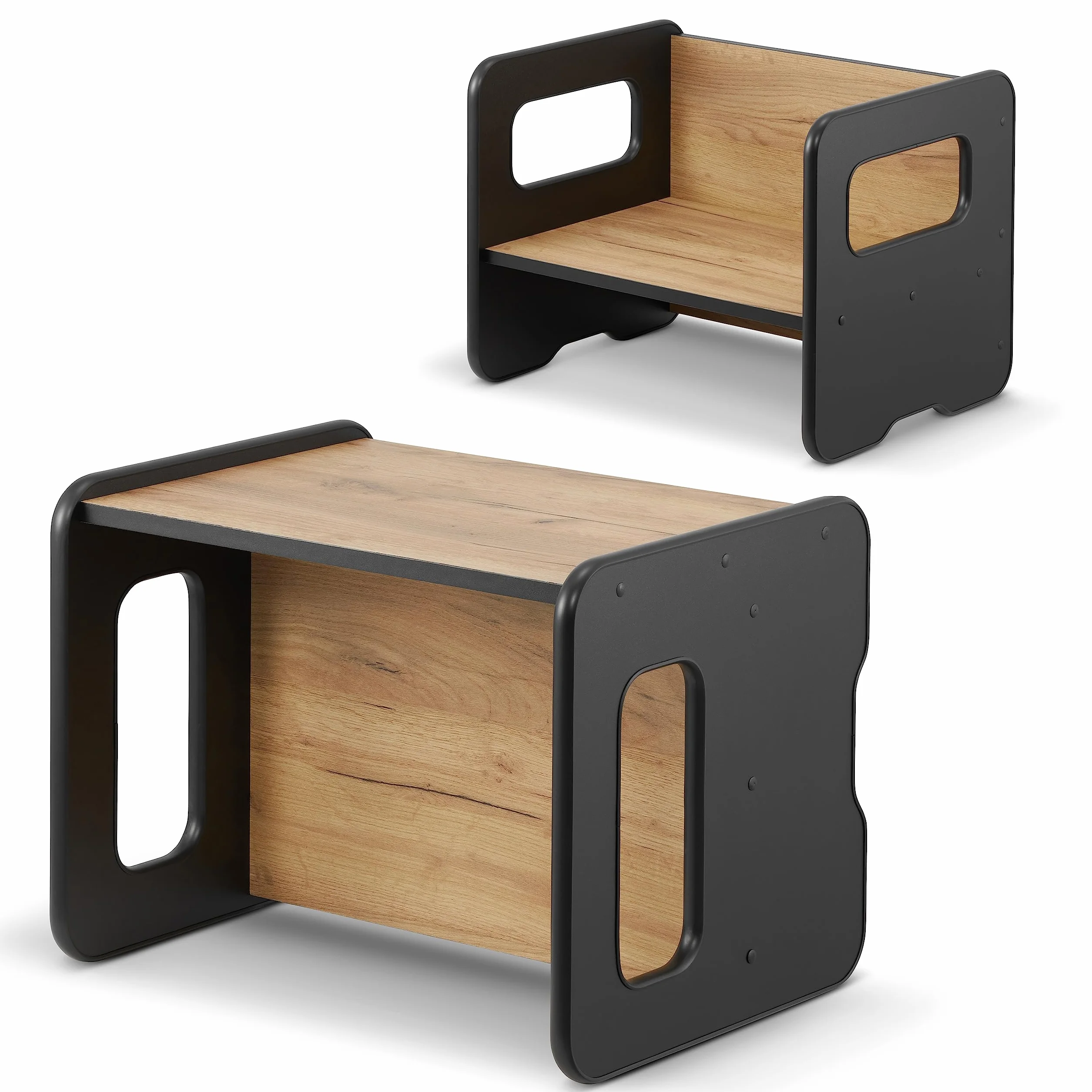 defiPad Banc en Bois évolutif pour Enfants - Modulable en Table et siège - 2 hauteurs d'assise - Élément de mobilier pour Aire de Jeux (Noir + Chêne)