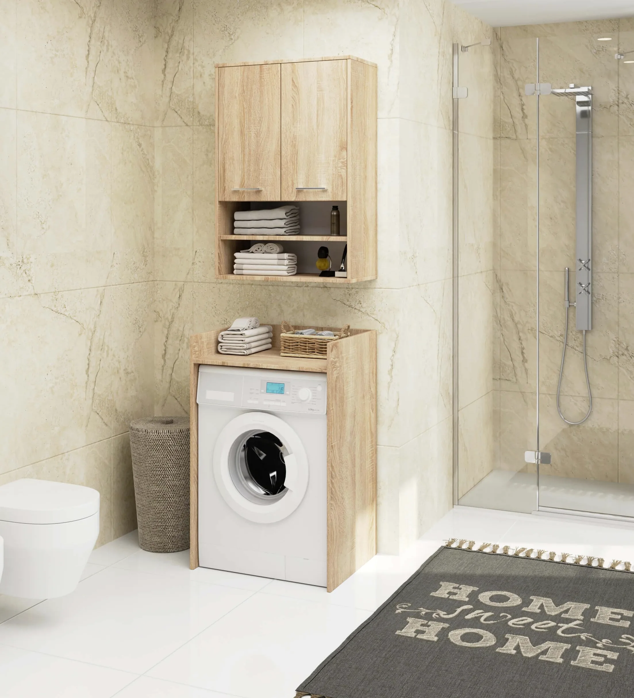 AKORD Meuble Salle de Bain Suspendu Fin 64 cm - 2 Portes, 2 Étagères 2 Compartiments Ouverts - Meuble Haut WC Meubles Suspendus - Armoire Murale Moderne 64x94x30 cm - Chêne de Sonoma