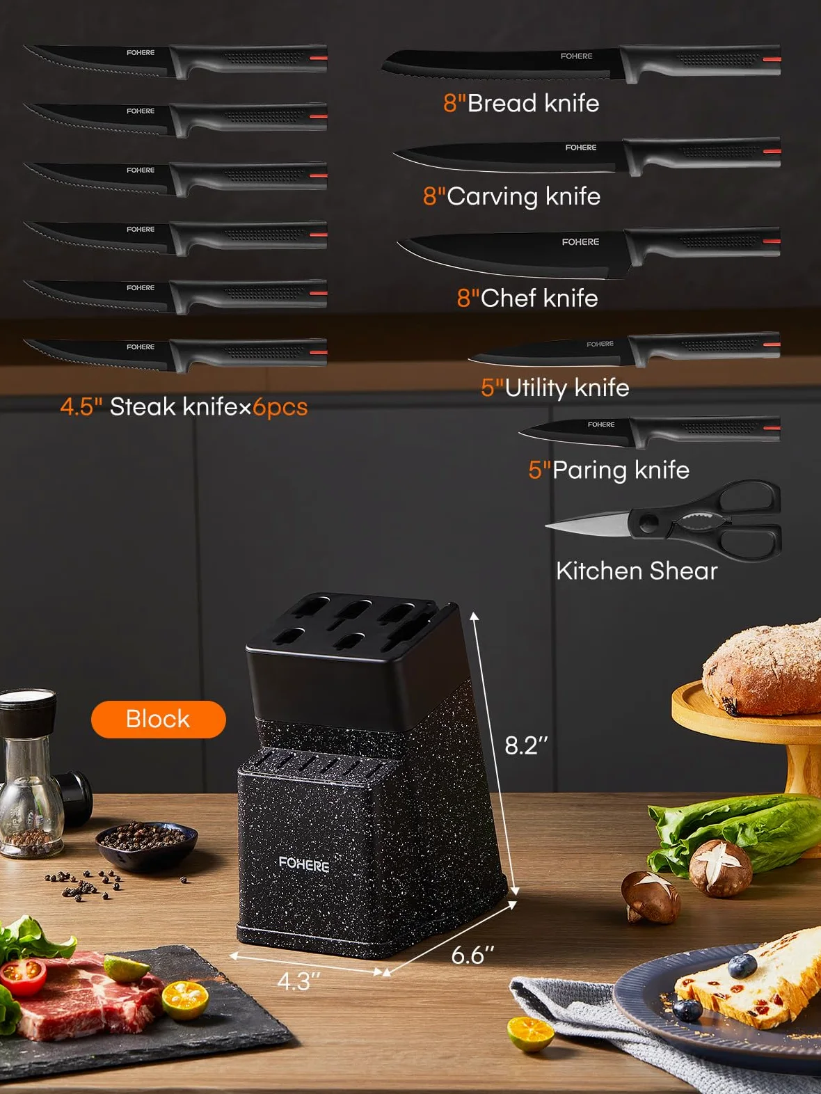 Couteaux de Cuisine avec Bloc, FOHERE 13 Pièces Couteaux de Table en Acier Inoxydable avec Affûteur Intégré, Bloc de Couteaux Professionnel avec Support,Granit Noir