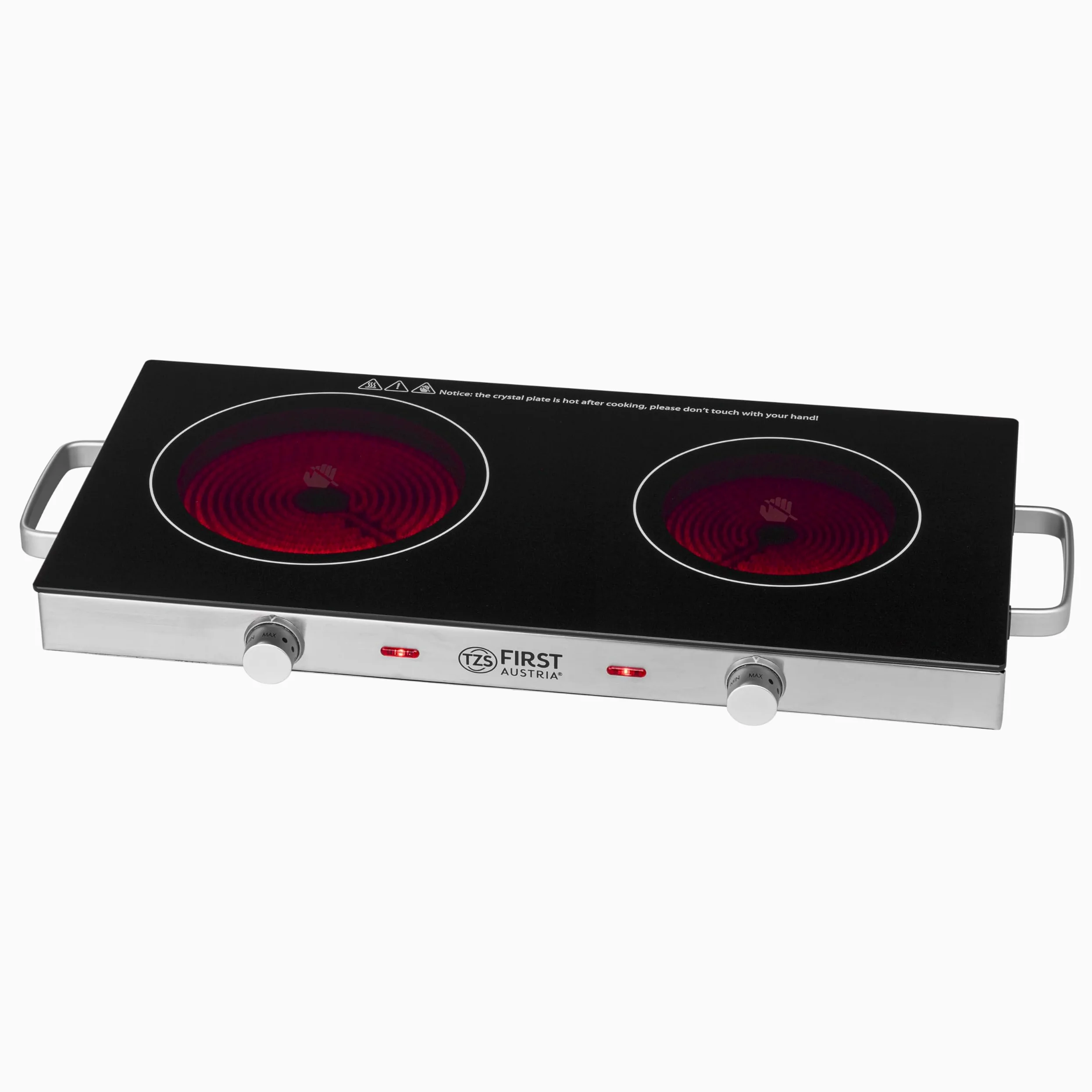 TZS First Austria - Plaque de cuisson double infrarouge vitrocéramique TOUS types de casseroles 2800W - Mini réchaud électrique pour déménagement, camping & maison - Réglage continu et témoin contrôle