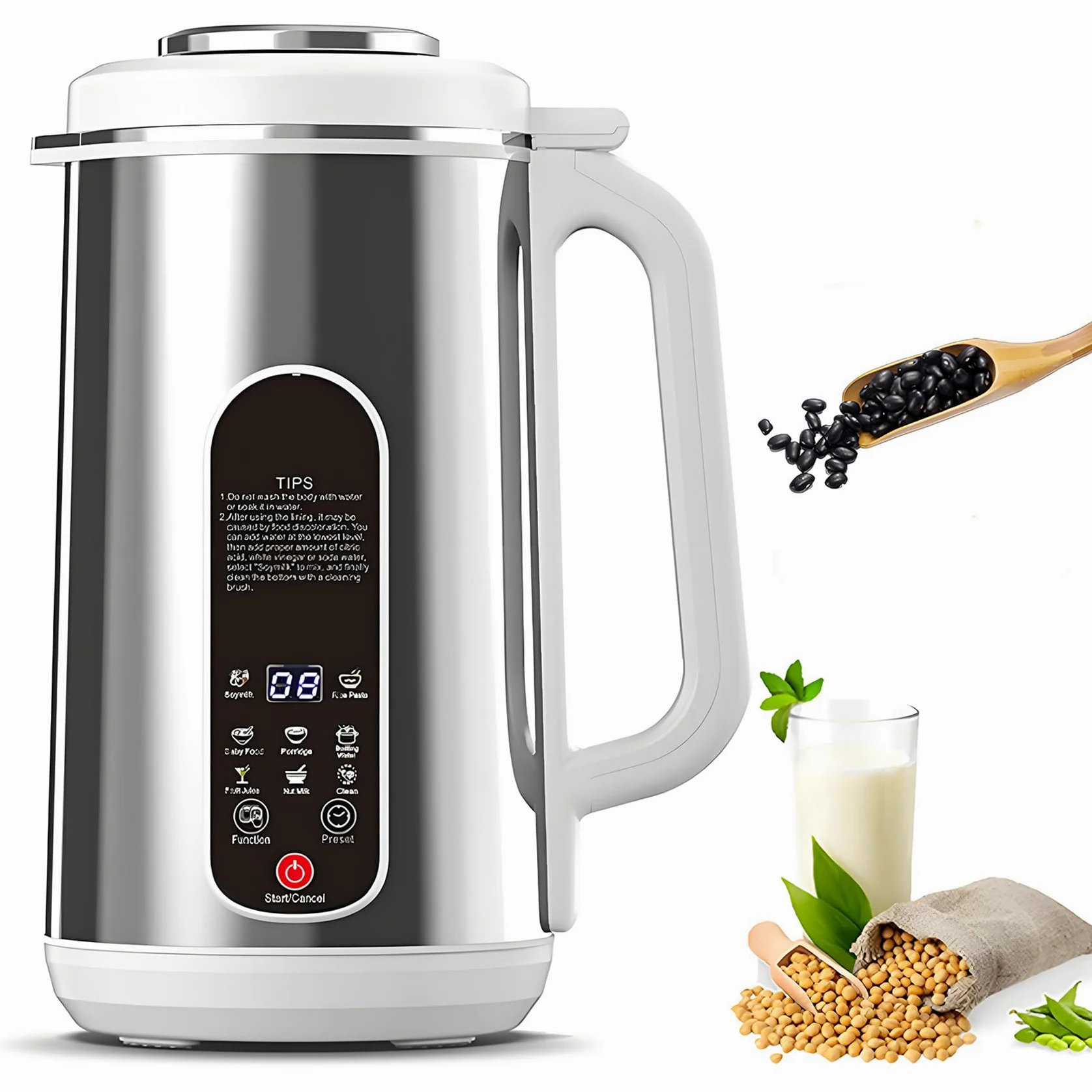 Nut Milk Maker en Acier Inoxydable, Une Machine à Lait De Soja De 1,2 L avec Un Coupeur à 12 Lames, Une Minuterie 24h Et Une Affichage à LED Au Chaud, Un Lait à Base De Plantes avec des Amandes