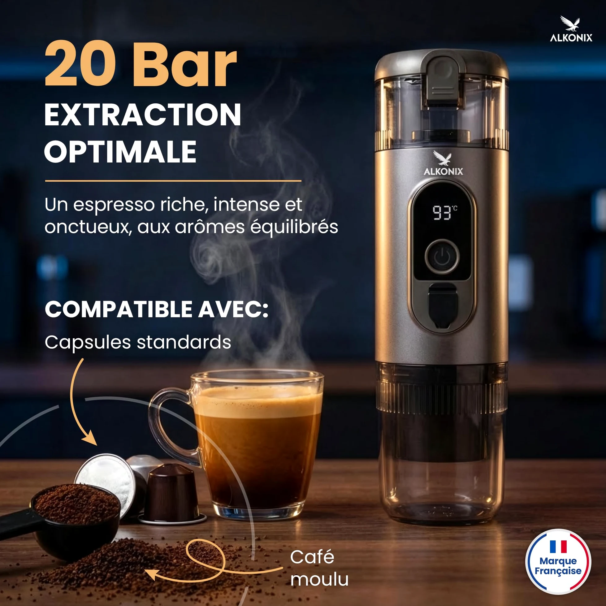 Machine à Café Portable USB-C – Cafetière Nomade Espresso Rechargeable avec 2 Batteries Amovibles – Compatible Capsules Standards & Café Moulu – Chauffe Intégrée (Gris)