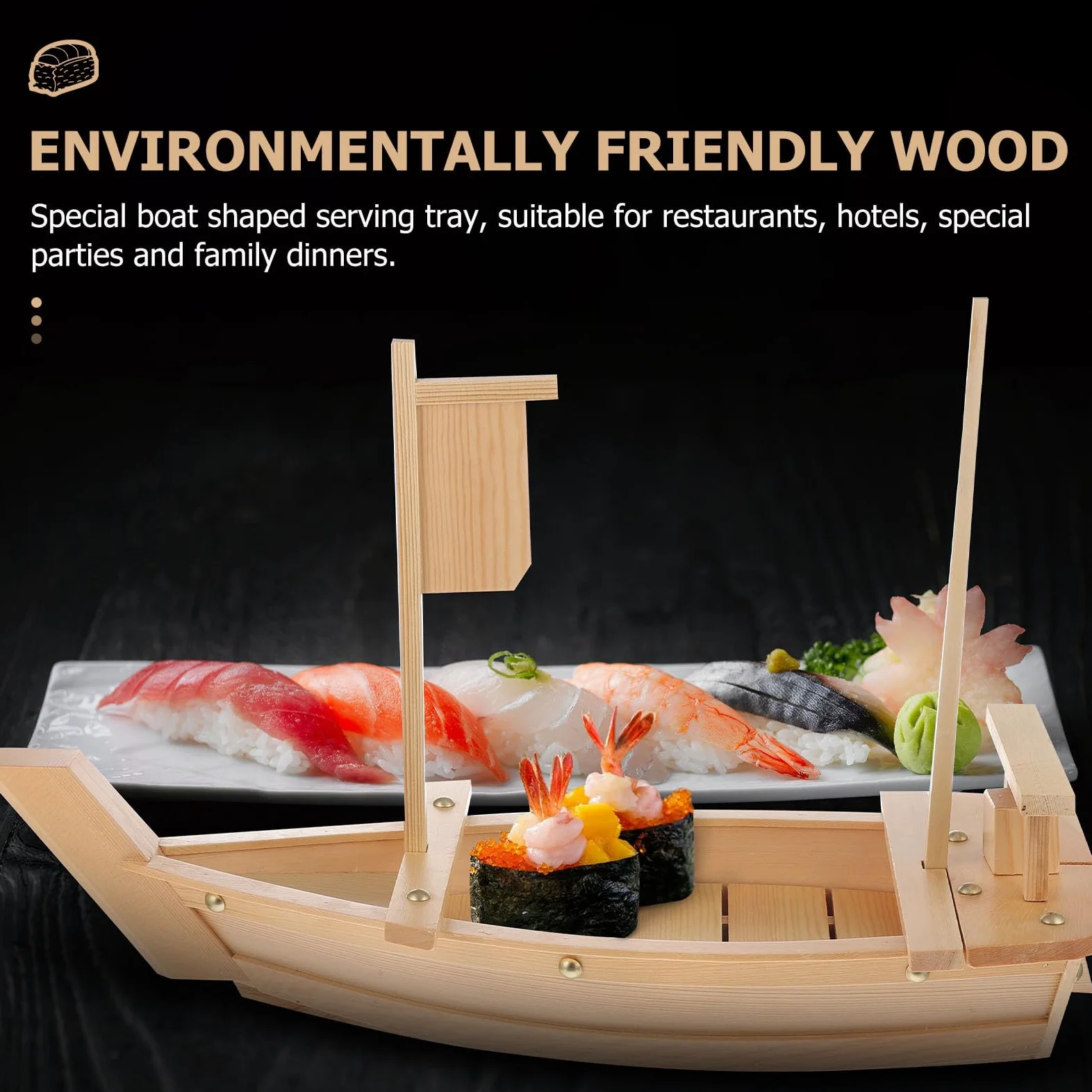 Veemoon Plateau de Sushis de Bateau en Bois, pour Sashimi | Plateau de Présentation Lisse, Facile à Nettoyer, Style Japonerie, pour Restaurants et Fêtes Spéciales